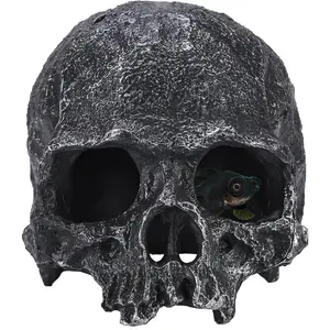 Resin Realistic Black Skull Reptile Hideout Decorative Skeleton Head Hides Caves for Tank Terrarium Suitable for Fish Ball Python Axolotl Tarantula