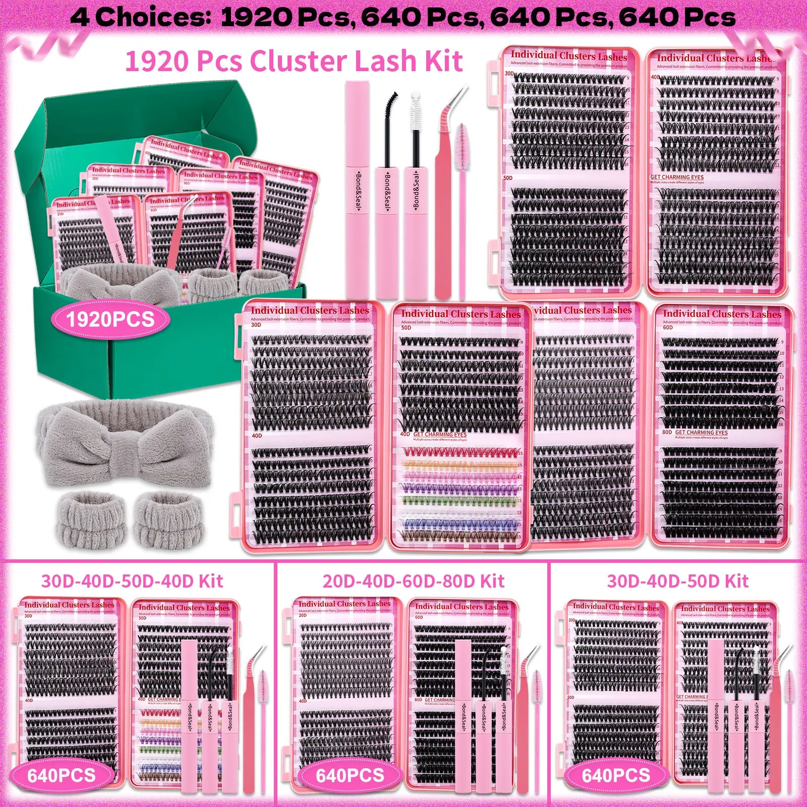 1920 PCS or 640 PCS D-Curl Individual Lashes Clusters Kit, DIY Eyelashes Kit Set, 8 Natural and Colorful Styles Lash Book with Bond and Seal, Brush Applicator, Headband and Wristband, Easy DIY Extensions for Daily Makeup