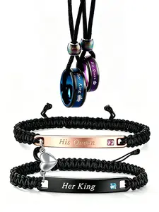 Matching King Queen Promise Jewelry Set, Magnetic Split Heart Couple Bracelets & Engraved Ring Necklaces. Two pieces form a complete heart symbolizing inseparable love. Meaningful love token for couples, ideal keepsake gift widely loved by young people.