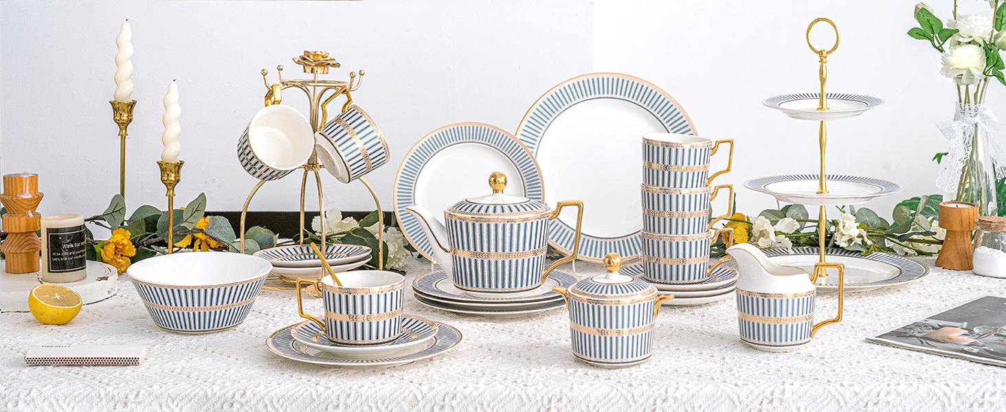 Elegant Blue White Bone China Tea Cup and Saucer Set 4-Pack Porcelain Tea Service for Afternoon Tea Women's Fine China Teaware