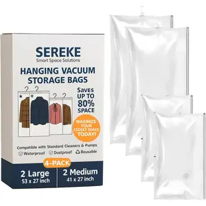 Hanging Vacuum Storage Bags for Clothes, Vacuum Seal Bags for Clothes with 5 Rings Each, Waterproof Compression Bags for Coats, Suits & Jackets, Space Saver Organizer, 4 Pack (41 x 27 in & 53 x 27 in)