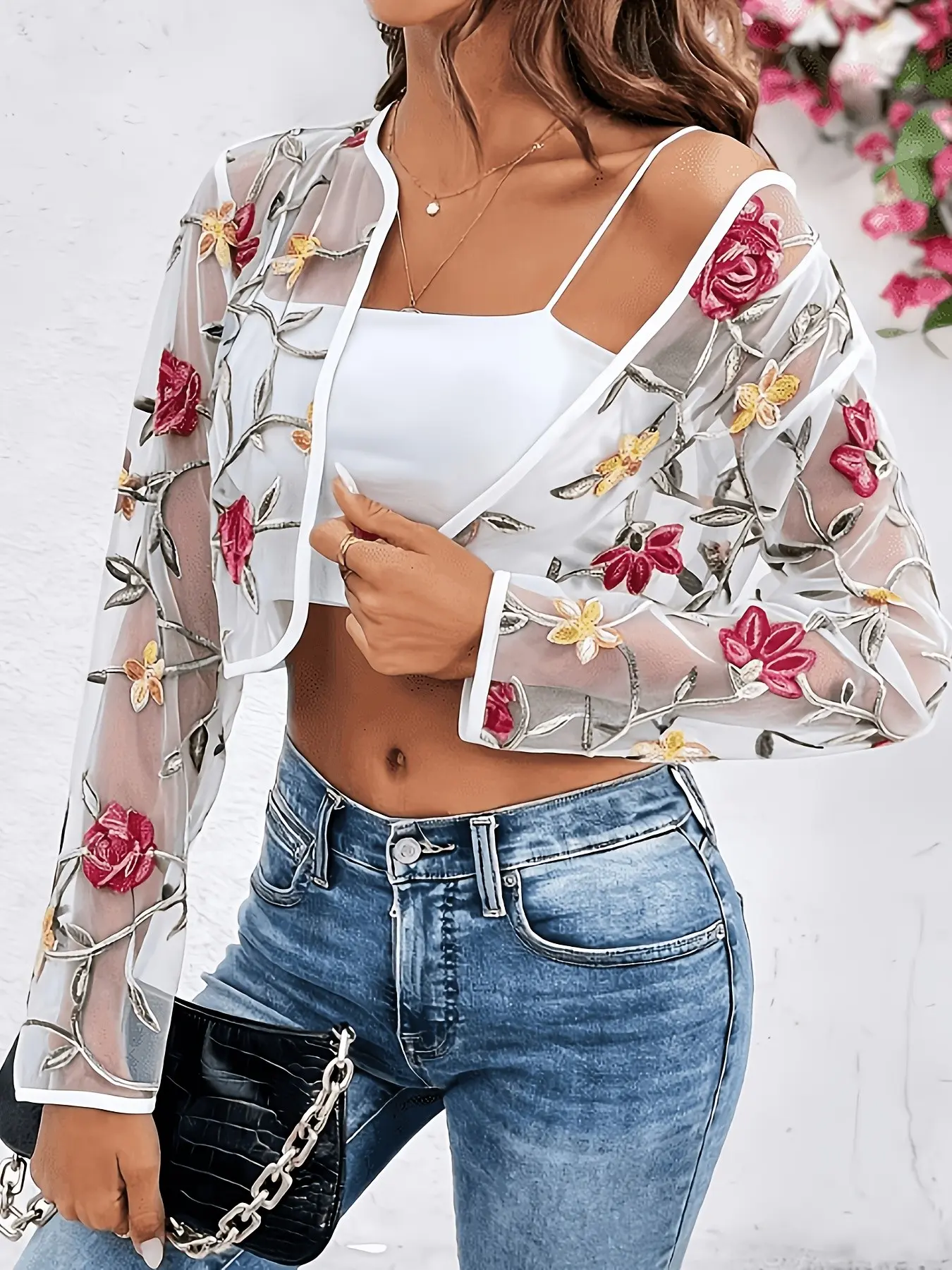 Women's Floral Embroidered Transparent Mesh Lightweight Fit Open Front Coat, Elegant and Stylish Outerwear, Perfect for Casual, Office Style and Formal Occasions Clothes