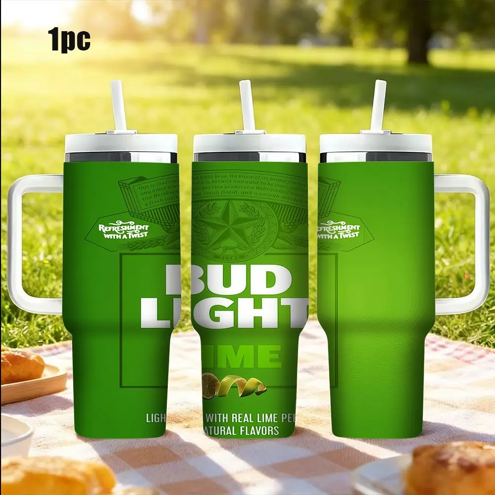 1pc 17oz/20oz/30oz/32oz/40oz Bud Light Insulated Tumbler, Stainless Steel Travel Mug, Full Print Coffee Cup, Casual Style