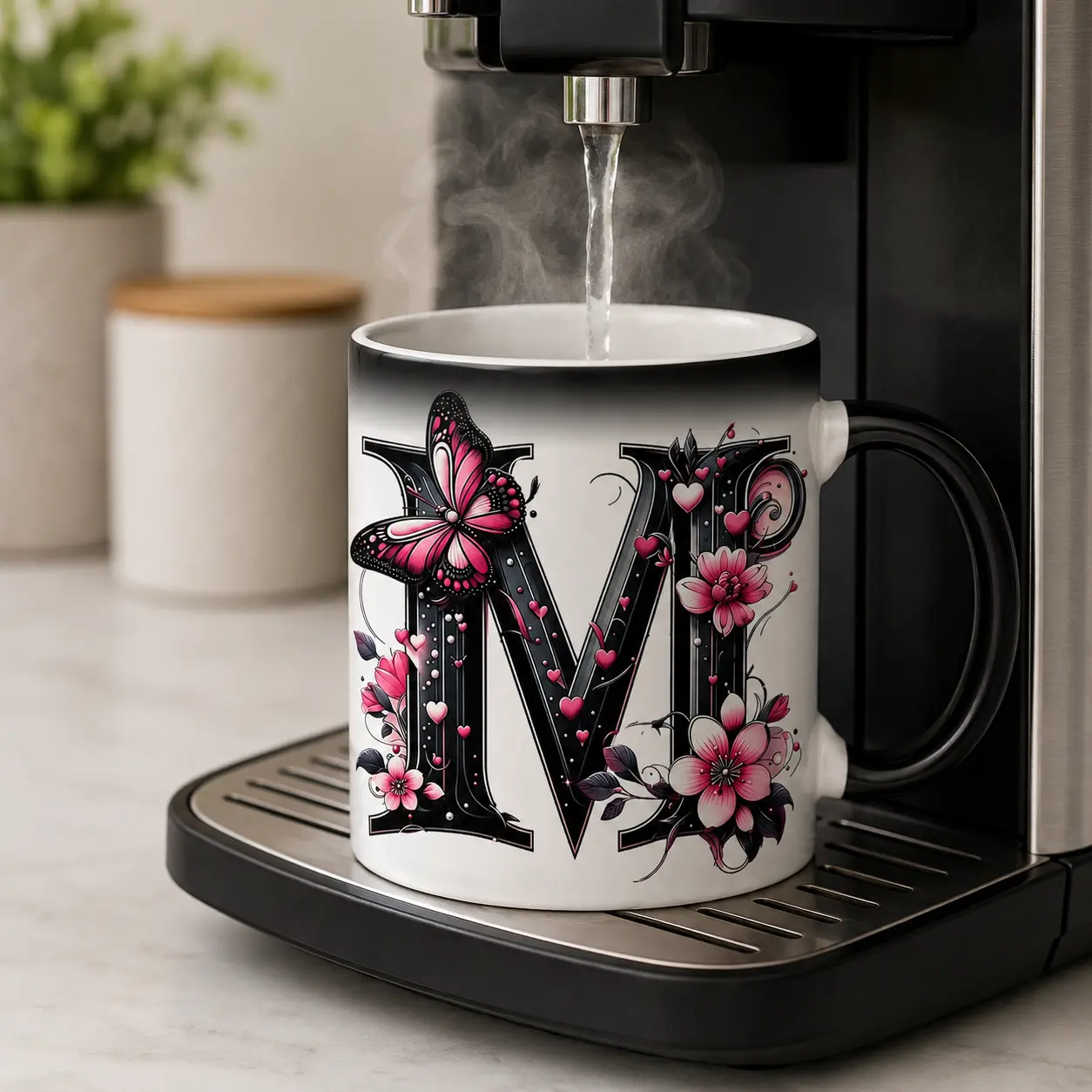 11oz Classic Heat-Sensing Color Changing Ceramic Mug - A-Z Butterfly Floral Initial Printed Kitchenware Drinkware, Happy Birthday Custom Letter Gift for Women,sohochic