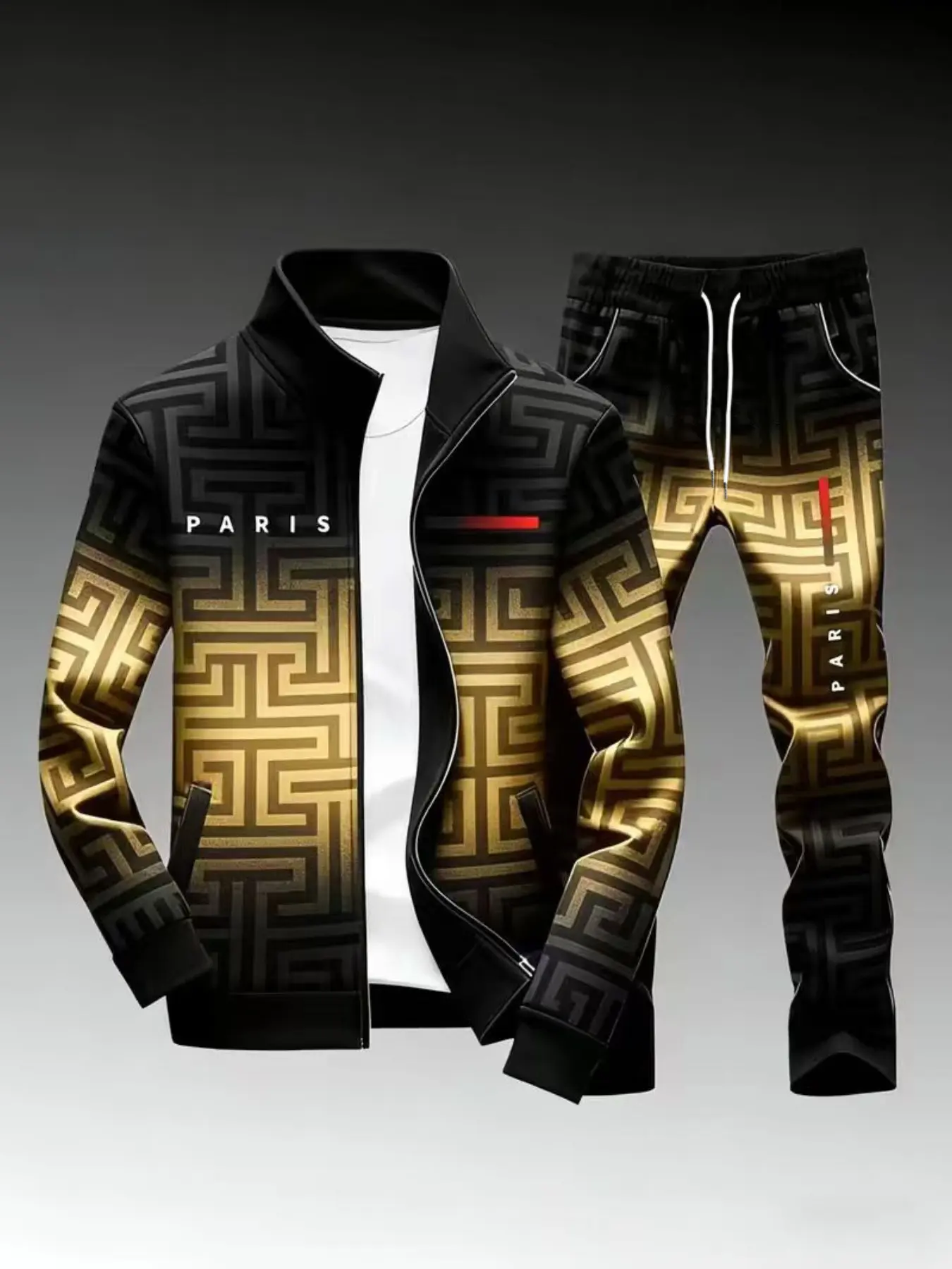 Men's premium geometric print two-piece tracksuit, featuring a stand-up collar zip-up jacket paired with drawstring trousers in a burgundy-gold gradient color scheme, a casual and trendy men's everyday outfit.