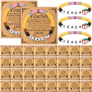 24Pcs Teacher Appreciation Bracelet Gifts Bulk, Pencil & Apple Beaded Stretch Bracelets with Thank You Cards, Yellow Bead Jewelry Set, Graduation & Holiday Presents for Women Teachers Multi-Item Party Favor Packs