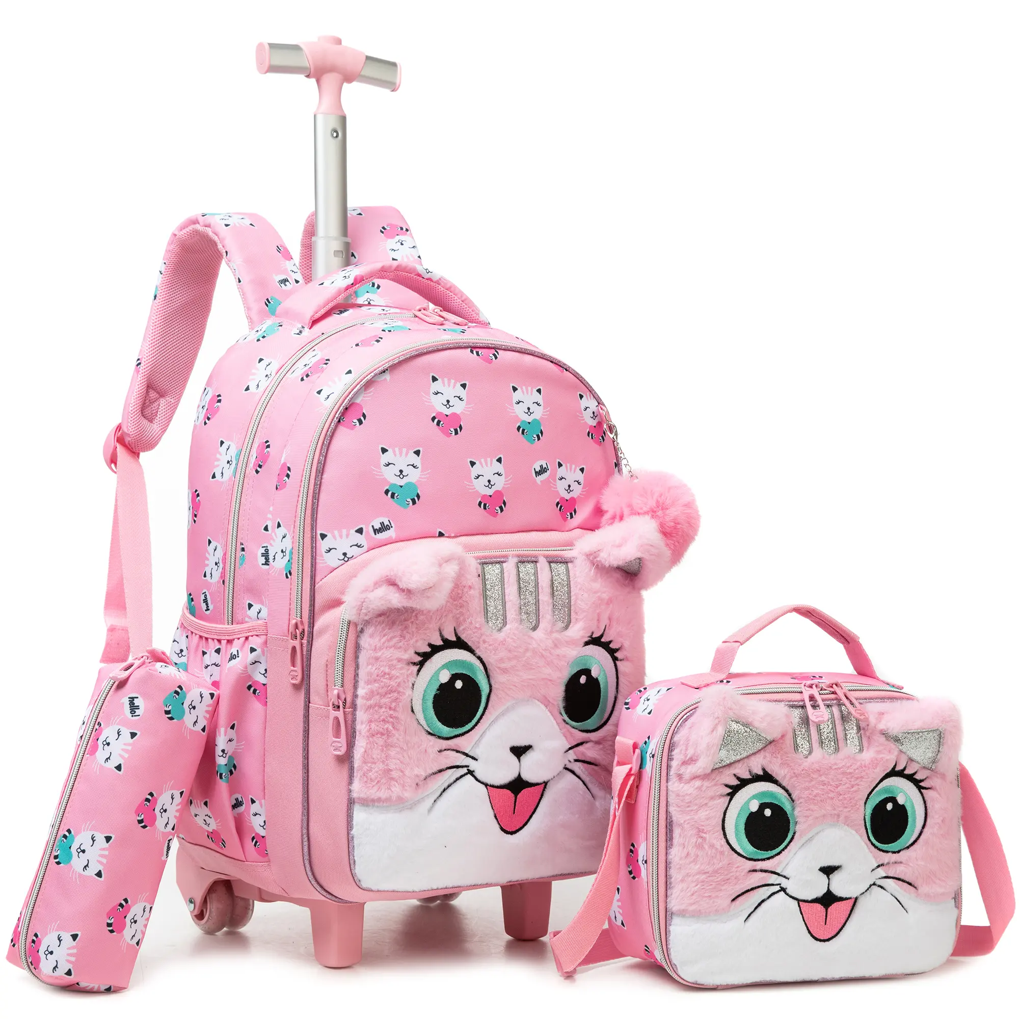 Girls' 3-Piece Rolling Backpack Set, Kawaii Look Pink Kitty Polyester School Bag with Plush Embroidery, Sturdy Wheeled Trolley with Lunch Box & Pencil Case, Safe Materials, Wheels Attached