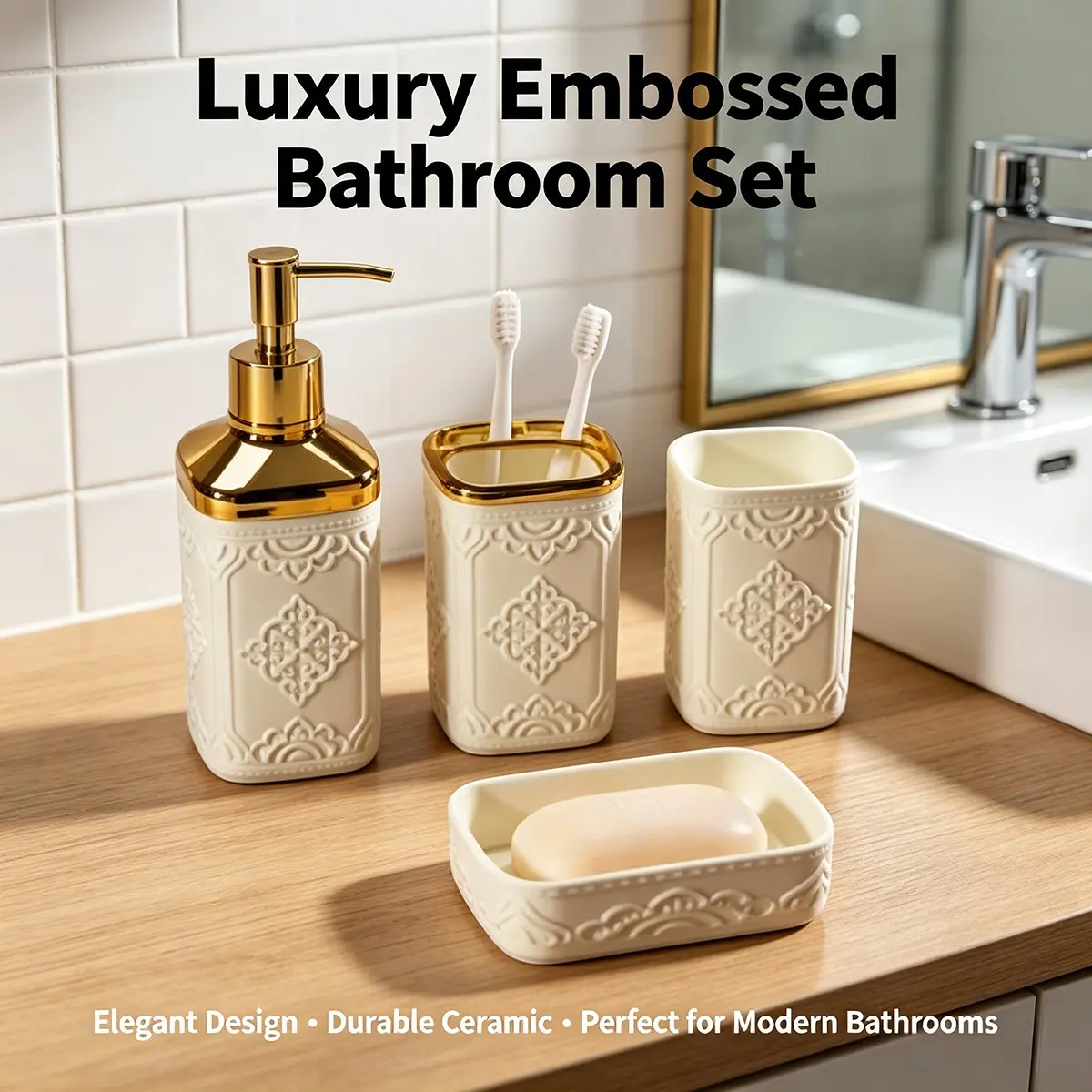 4 Piece Ivory Relief Gold Trim Bathroom Accessories Set, European Luxury Countertop Wash Kit, High-Quality Home Decor & Moving Gift, Bathroom Gadgets, Bathroom Accessory Sets