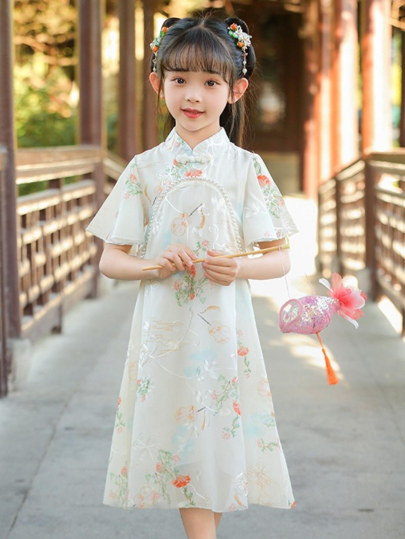 NewGirls' Chinese Style Cheongsam Chiffon Dress Summer Hanfu Light Comfortable Fashion Casual Princess Dress for Outdoor Activities Gifts Party