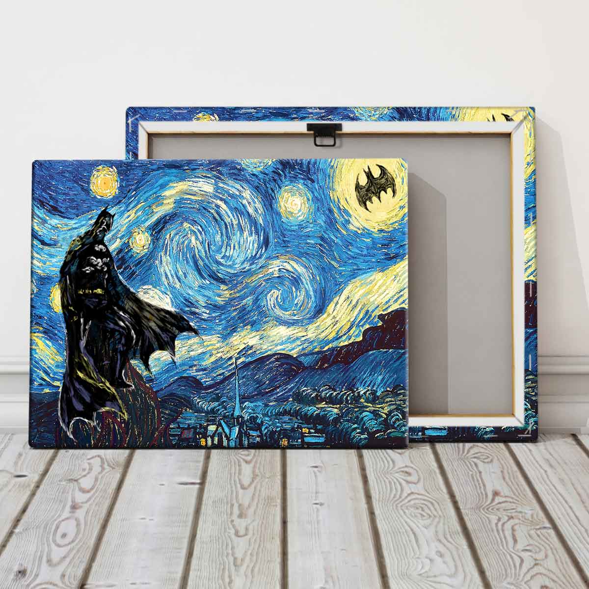 Van Gogh's Starry Sky Pattern Canvas Painting with Frame, Modern Art Bat Character Posters, Wall Art Decor for Home Living Room Bedroom Office, Halloween