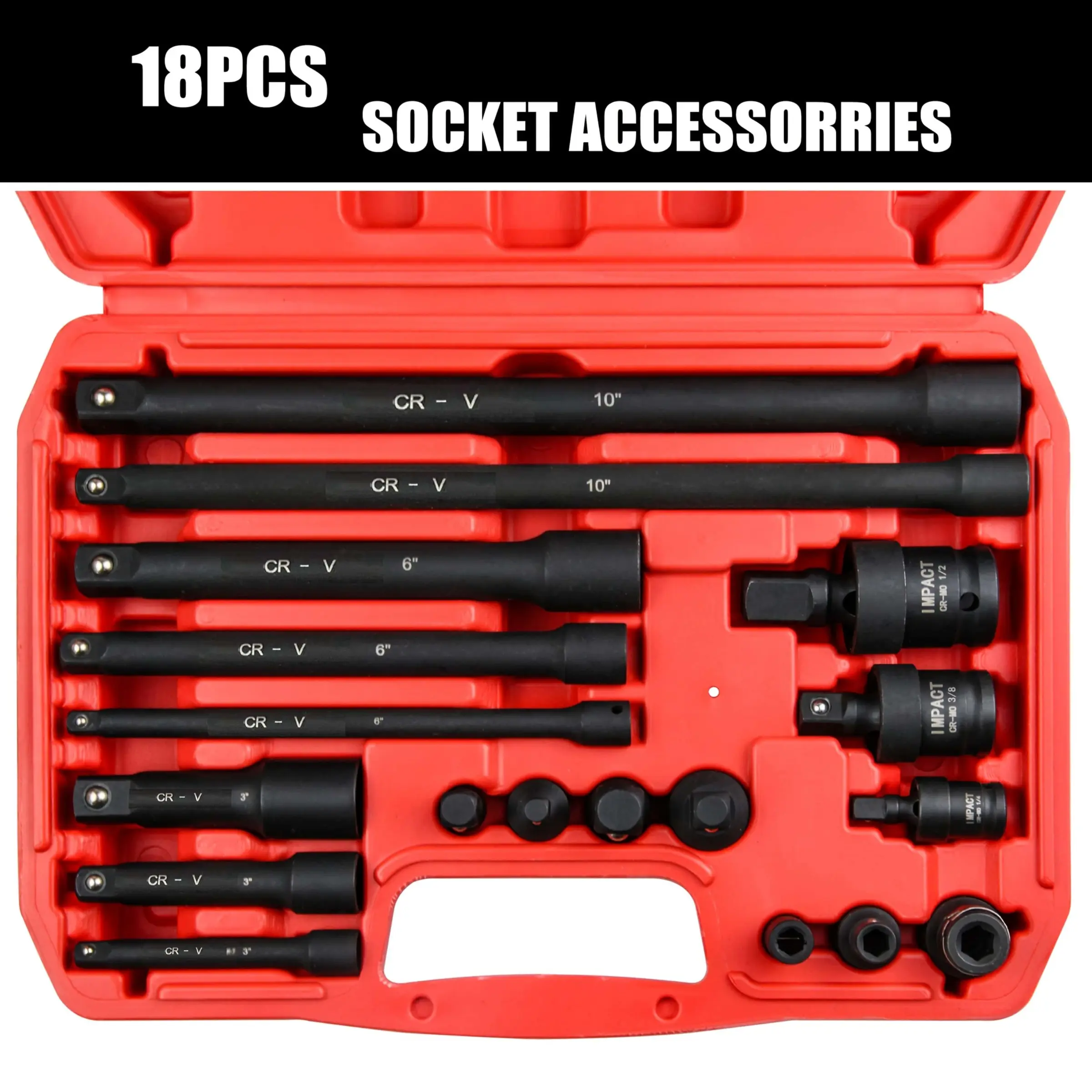 18-Piece Socket Extension Rod Set with Multiple Sizes, Includes Wrench Extender Tool, Extension Rods, Adapters, Impact Wrench Heads, Upgradeable with 3 Universal Joints, Chrome Vanadium Steel, Socket Combination Tool