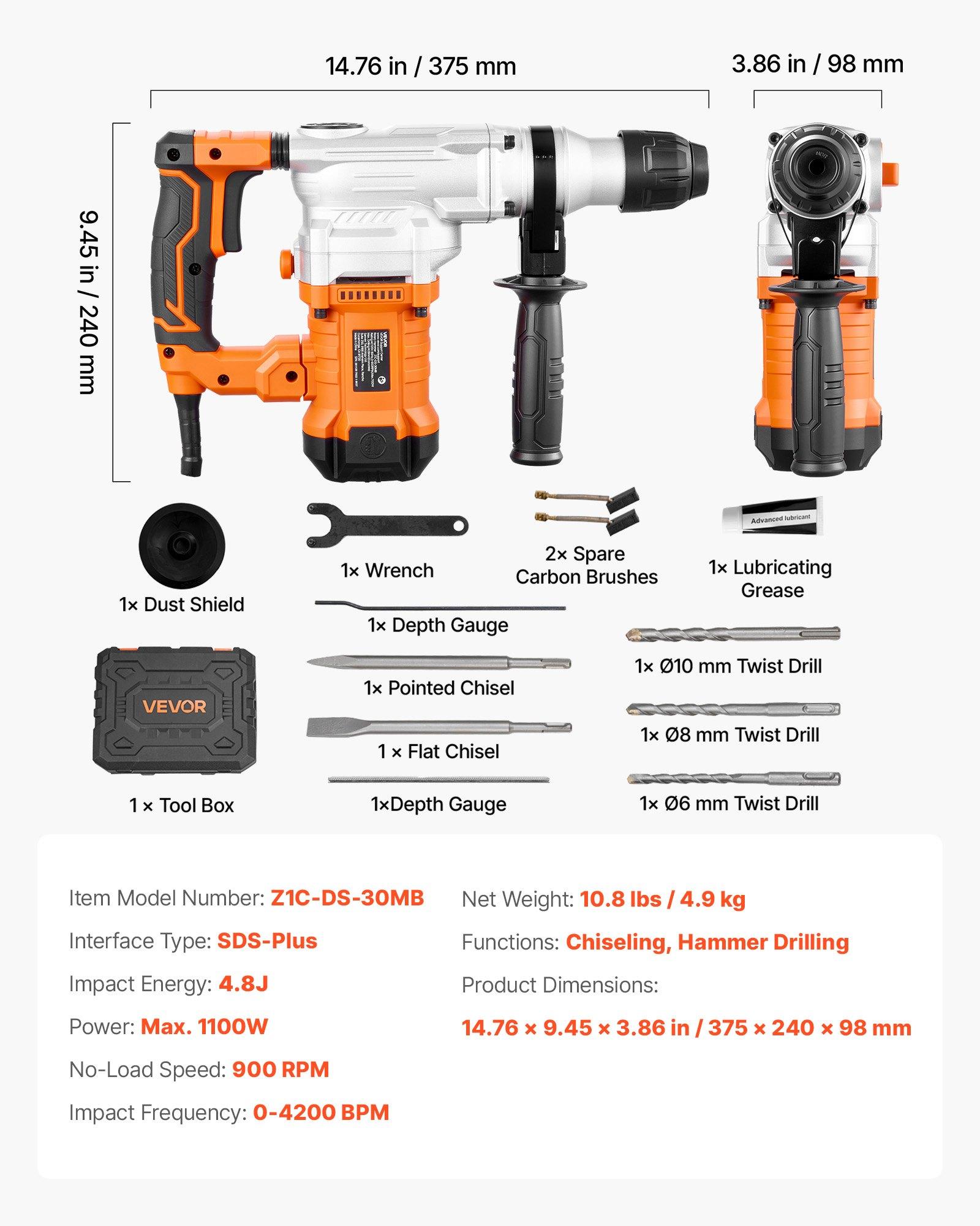 VEVOR Rotary Hammer Drill, 1-1/8 in SDS-Plus Electric Corded Heavy Duty Rotary Hammer, Including 3 Drill Bits, Flat Chisel, Pointed Chisel, Grease, Brush, and Carrying Case, for Concrete and Masonry VEVOR Rotary Hammer Drill, 1-1/8 in SDS-Plus Electric Corded Heavy Duty Rotary Hammer, Including 3 Drill Bits, Flat Chisel, Pointed Chisel, Grease, Brush, and Carrying Case, for Concrete and Masonry