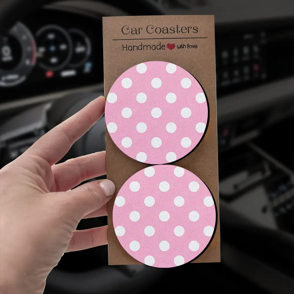 Pink Polka Dot Car Coasters Set, 2/4 Pieces, Unisex, Car Interior Decorative, for Vehicles and Home Desks, Perfect Gift for Easter, Christmas, Birthdays, Parties