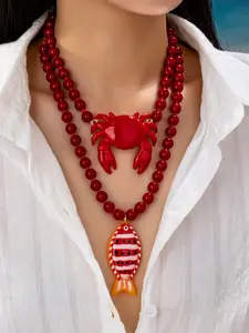 2 Pcs Beaded Crab Fish Pendant Necklace, Bold Ocean Style Statement Jewelry, Beach Vacation Women's Accessories, Unique Gift Idea