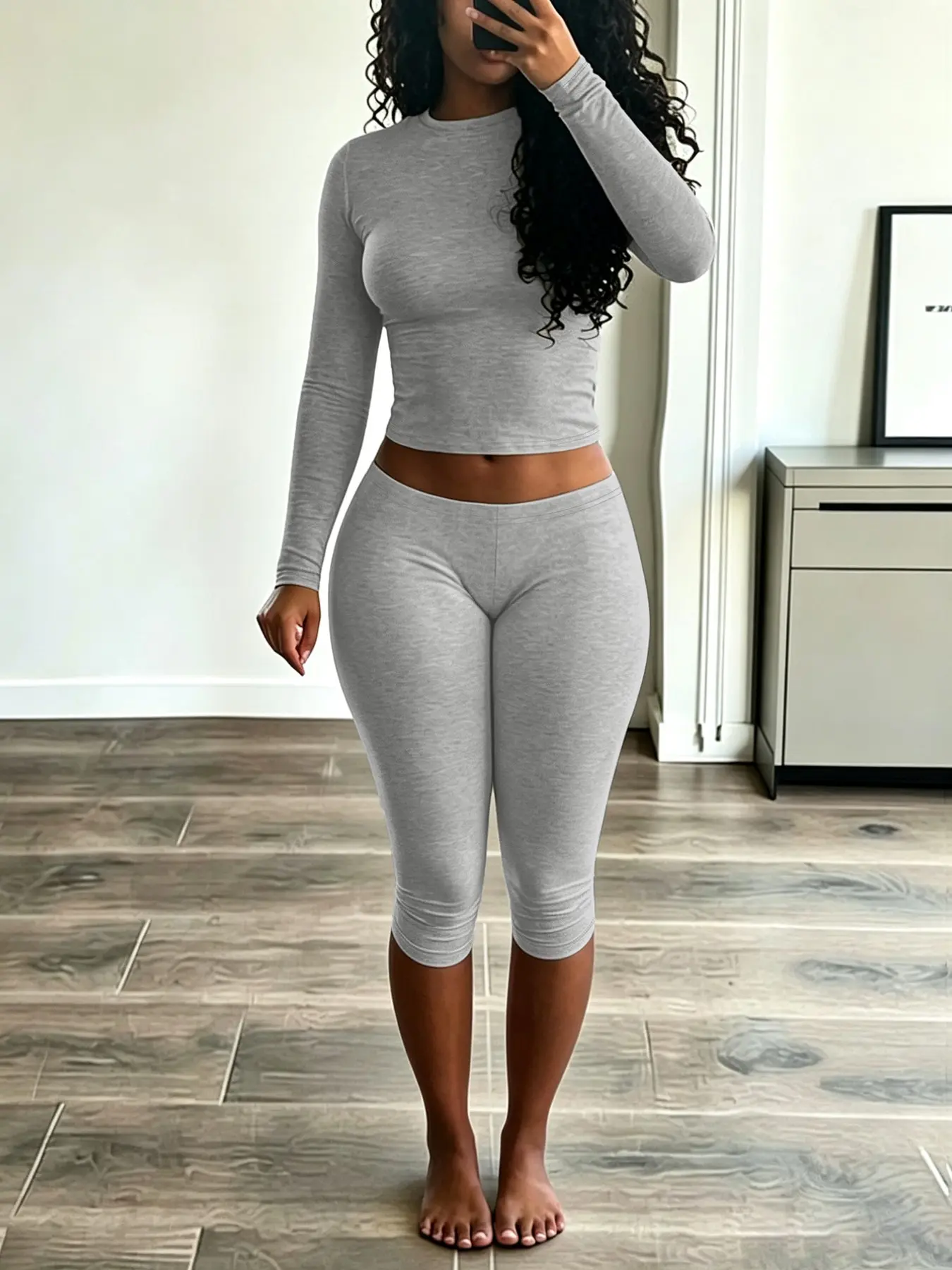 Summer And Autumn Women'S Butter-Soft Stretchy Two-Piece Set, Casual Loungewear Set, Long-Sleeve Crop Top And Capri Pants Curve-Fit Set, Workout Outfit, Yoga Outfit, Fitted Set, Yoga Sportswear Set