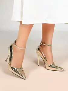 Women's Pointed Toe Stiletto Heels, Elegant Gold Patent Leather Pumps with Metallic Ankle Strap - Trendy for Office, Date & Party