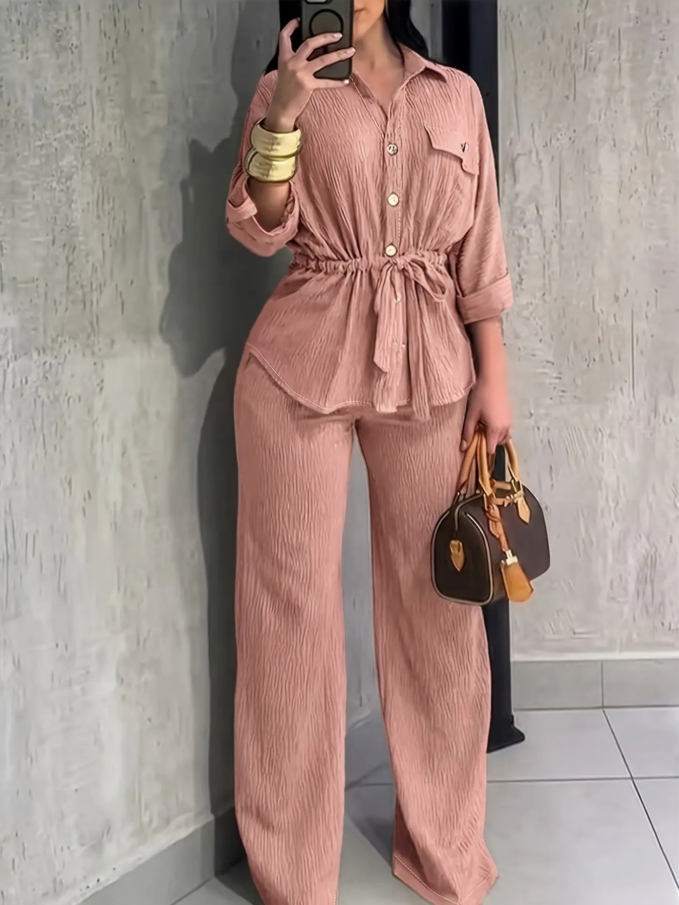 Women's Drawstring Waist Shirt + Wide Leg Pants Set, Soft Folded Texture, Adjustable Tie Design, High-Waist Loose Fit, Daily Wear