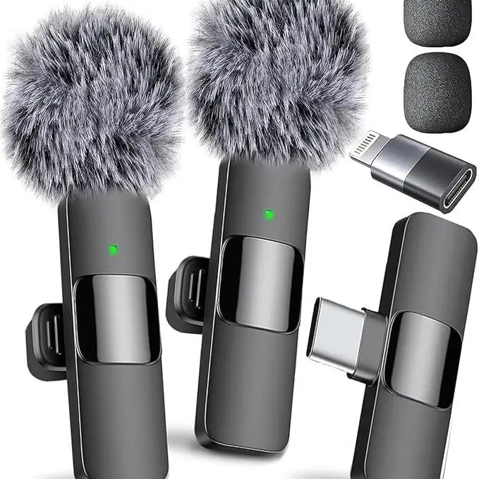 2-Mic Dual Cordless Bluetooth Lapel Microphone (Type-C + Lightning Port) for iPhone, Android - Multi-Device Cordless Mics with Noise Reduction, Wind Muff, Plug-and-Play, USB-C Receiver, USB Adapter, Storage Bag for Recording