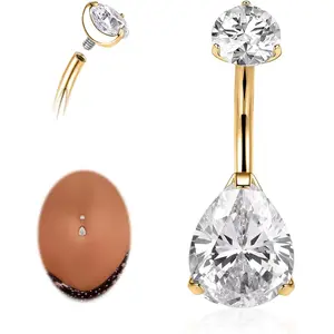 Gold Belly Button Ring G23 Titanium Hypoallergenic 14G belly ring for Women Men Teardrop Navel Piercing Jewelry 10mm Barbell With Cubic ZirconGift.