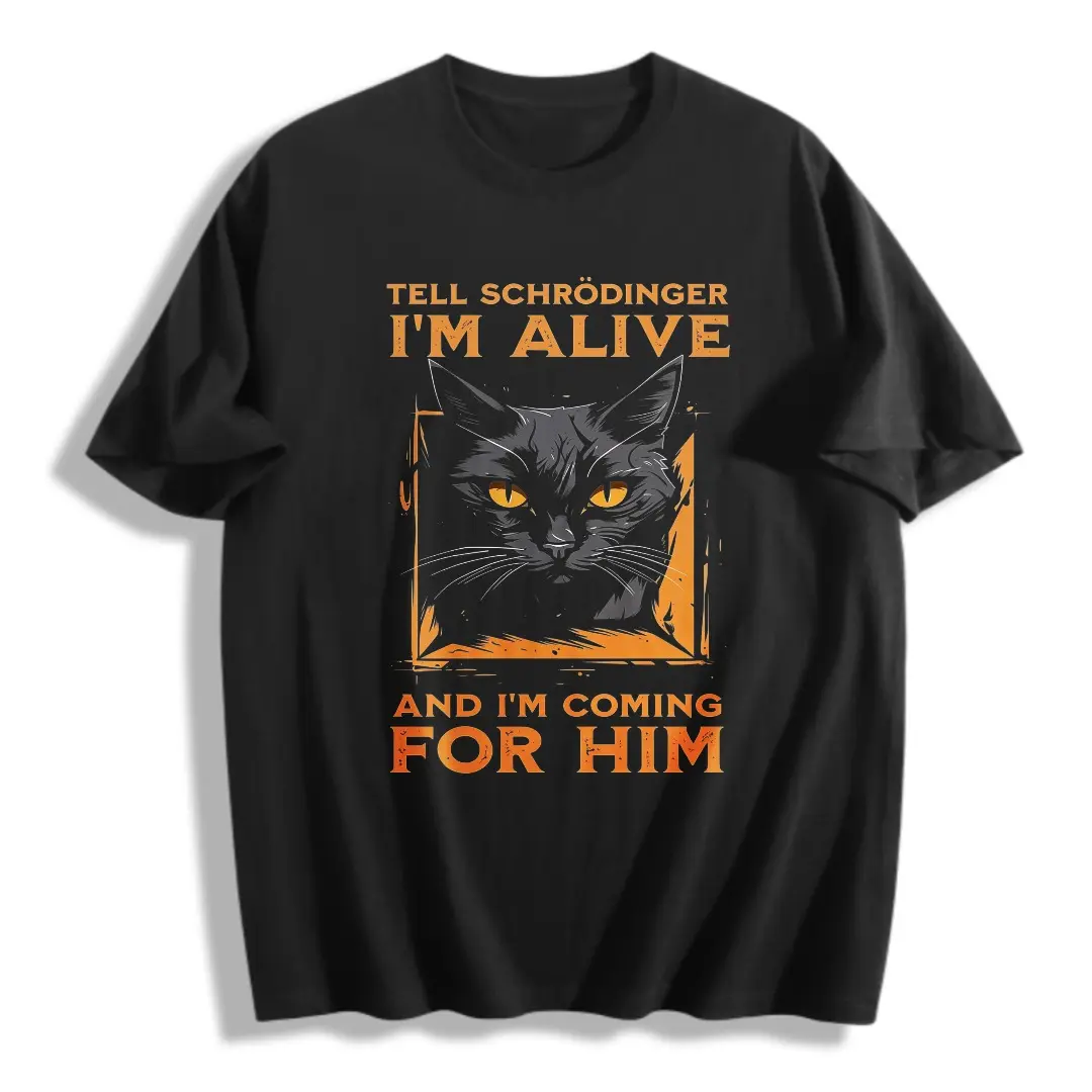 Quantum Mechanics Meme Print Casual Crew Neck Men's T-Shirt, Cat Pattern Men's Top, Gift for Quantum Enthusiasts, Fun T-Shirt for Friends, Halloween Party Novelty Shirt, Orange-Eyed Black Cat Print Men's Clothing,  100% Cotton Unisex T-Shirt S-5XL ﻿