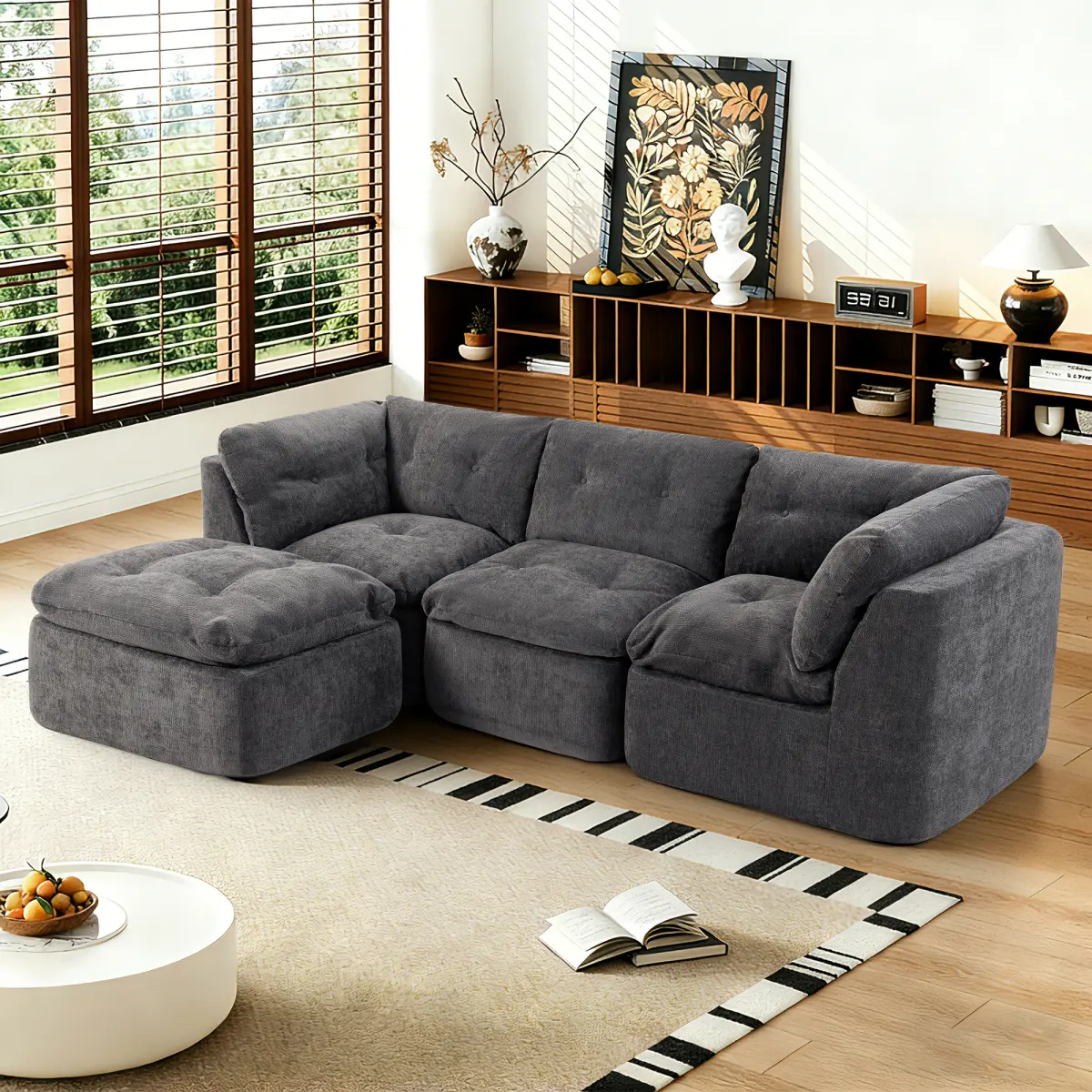 Modular Sectional Sofa Couch 4 Seater, Cloud Couch L Shaped with Ottoman, Deep Seat Chenille Convertible Sofa for Living Room, No Assembly Required