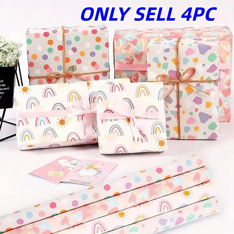 4 Piece Gift Wrapping Paper Set, Rainbow Polka Dot Heart Design, Ideal for Birthday, Valentine's Day, Halloween, Christmas, Wedding, Party Decorations