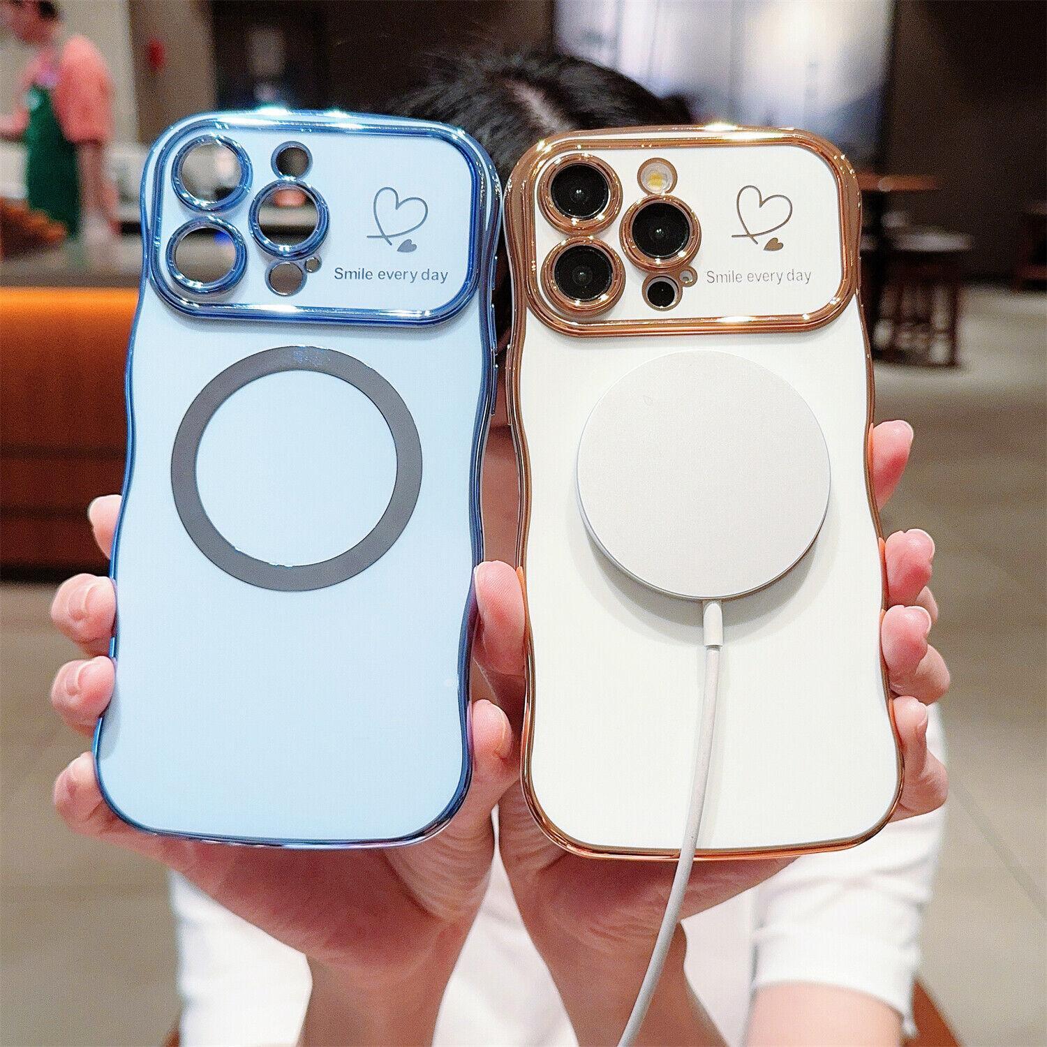 Luxury Plating Cute Heart Pattern Case for iPhone 17 Pro Max/17 Air 16/15/14/13 Cover Curly Wave Frame Fashionable for Women Girls Camera Protection Slim Shockproof Phone Case