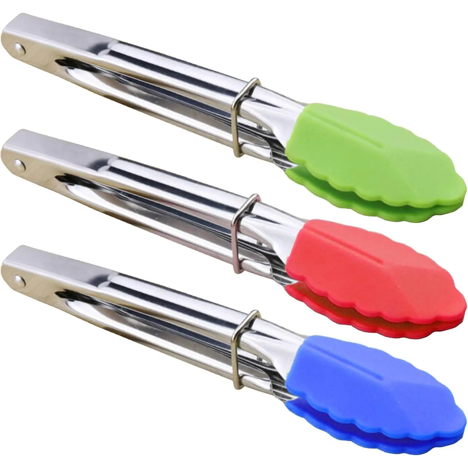 7-Inch Mini Tongs with  Tips, Set of 3 (Green Red Blue) | 7-Inch Serving Tongs