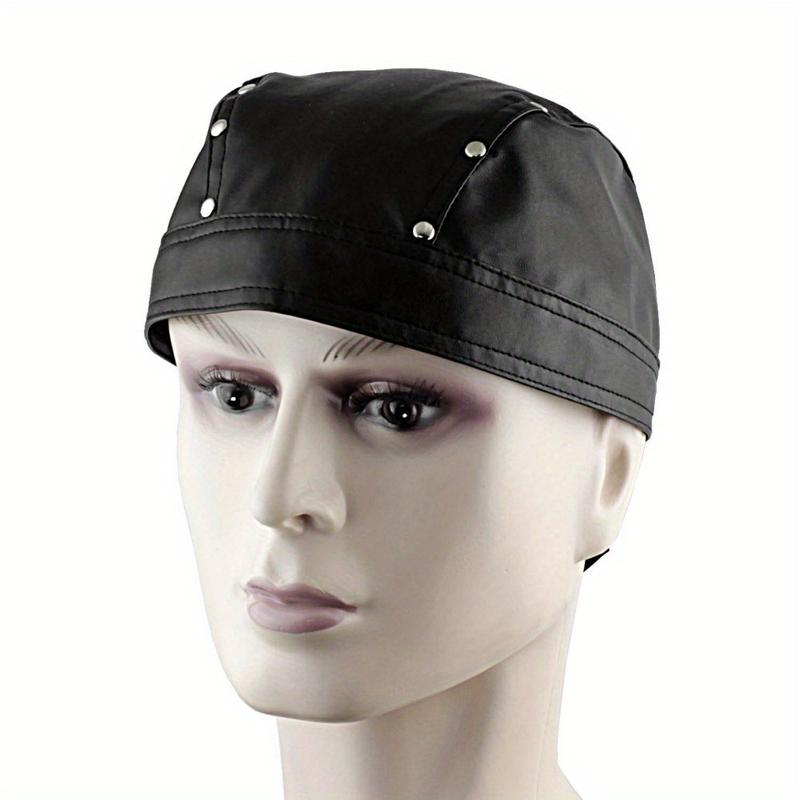 One-Size Black Leather Bandana for Men with White Studs - Biker Doo Do Rag Headwrap, 100% Genuine Leather, Woven Style, Perfect for Parties jungkook  hat scarf head wrap