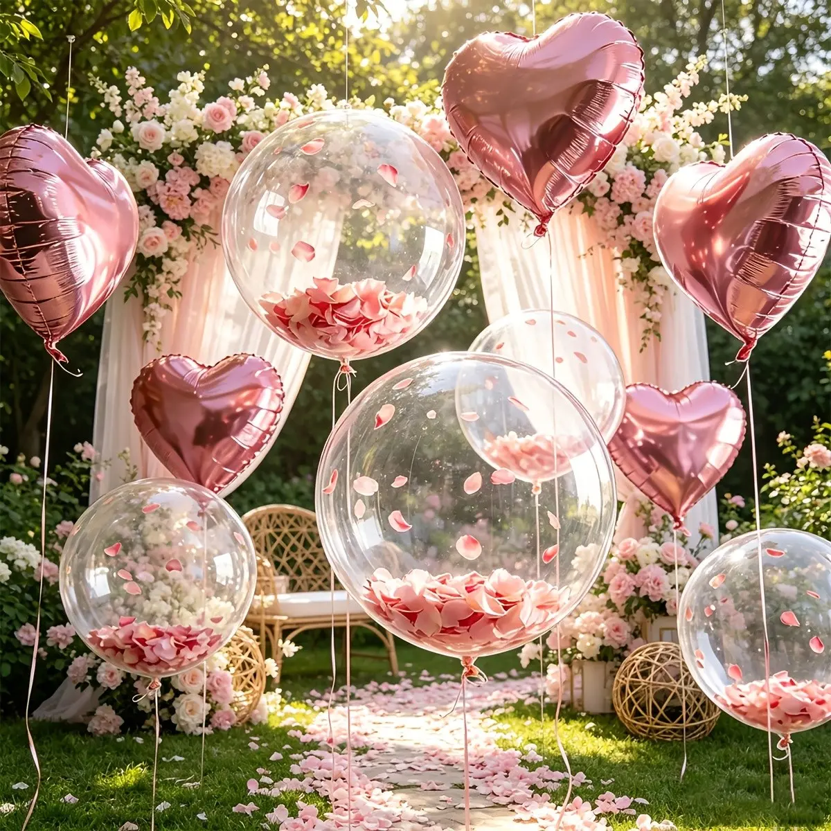Party Balloon Set, Includes Heart Foil Balloons & Clear Bobo Balloons with 100Pcs Artificial Rose Petals, Decorative Balloons for Wedding, Valentine’s Day Party Decorations