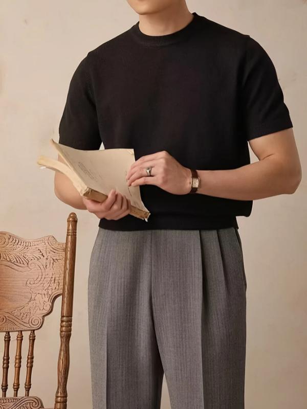 Kyn Apparel Men's summer solid-color round-neck short-sleeve knit shirt - Retro high-end home wear T-shirt Soft and comfortable breathable h