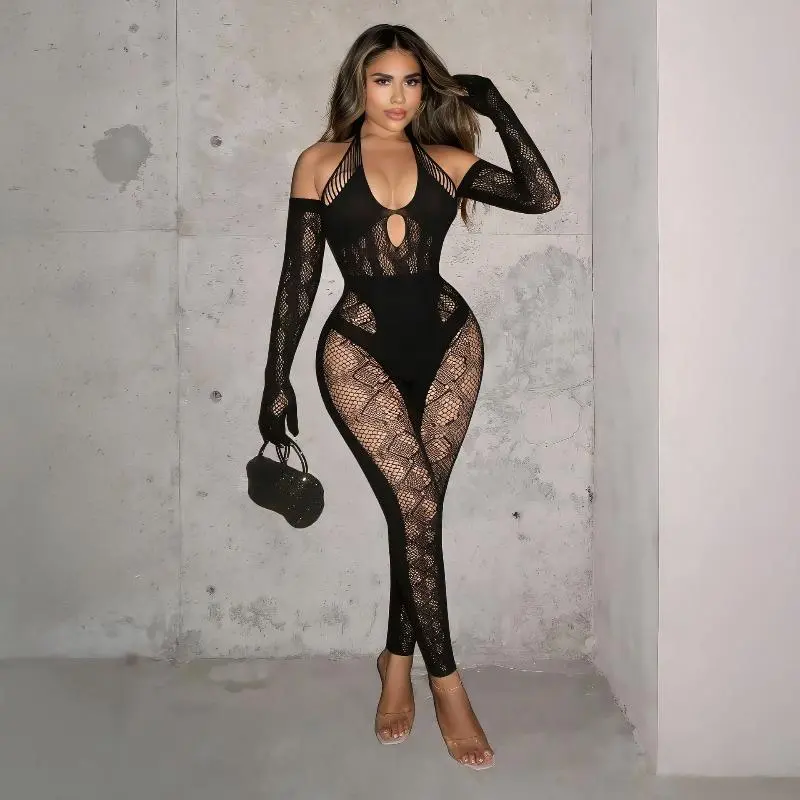 Women's Basic Bridal 2-Piece Set - Hollow High-Waist Bodysuit, Long-Sleeve Thick Knit Outerwear (Long Sleeve Shirt), Matching Gloves, Matching Gloves Tops, H7116-Black, Black Bodysuit, Longsleeves, Lady, Casual Fashion Bodysuit