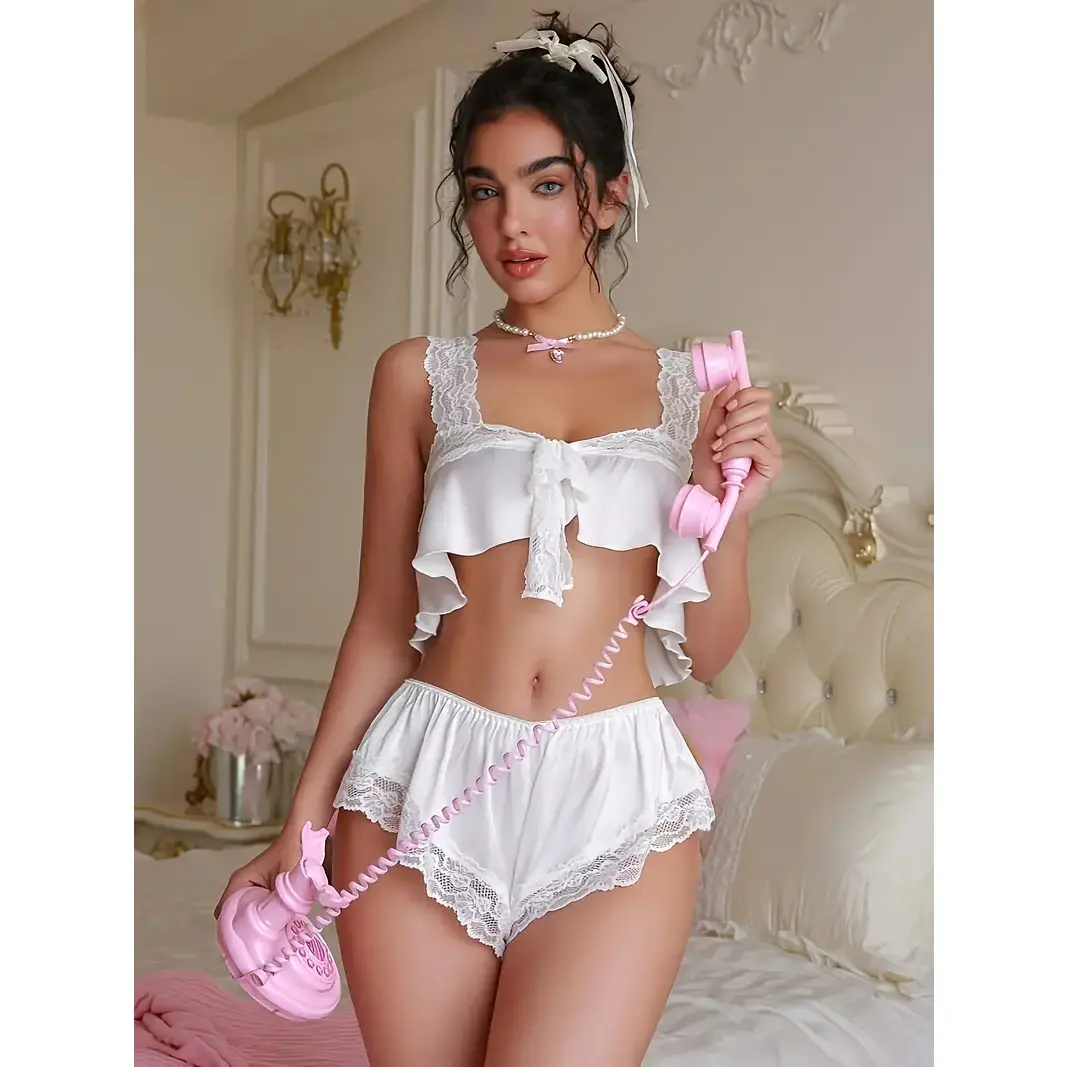 Women's White Satin Lace 2 Piece Lingerie Set, Bow Decor Cami Top & Shorts Sleepwear, Silky Soft Lace Trim Sexy Nightwear, Breathable Loungewear for Honeymoon, Bridal, Date Night, Valentine's Day Gift-8115