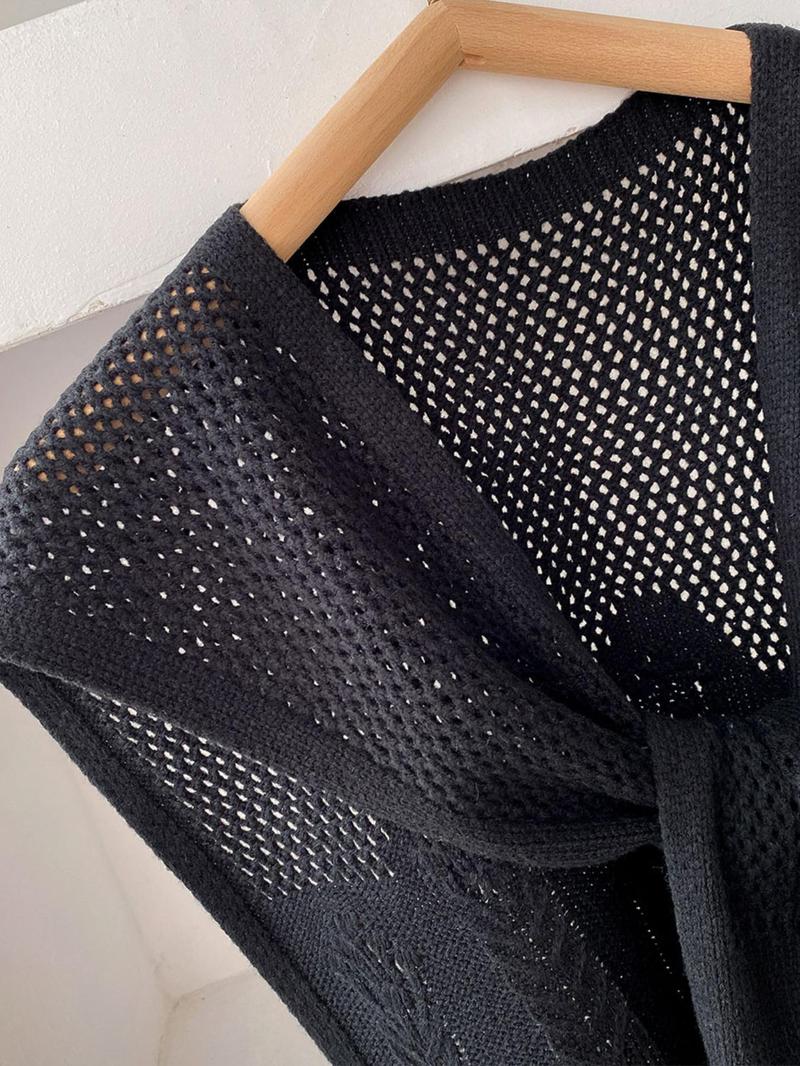 Women's Solid Color Hollow Out Cable Knit Shawl, Casual Open Front Long Sleeve Cover Up Top for Spring & Fall, Fashion Women's Knit Clothing for Daily Wear