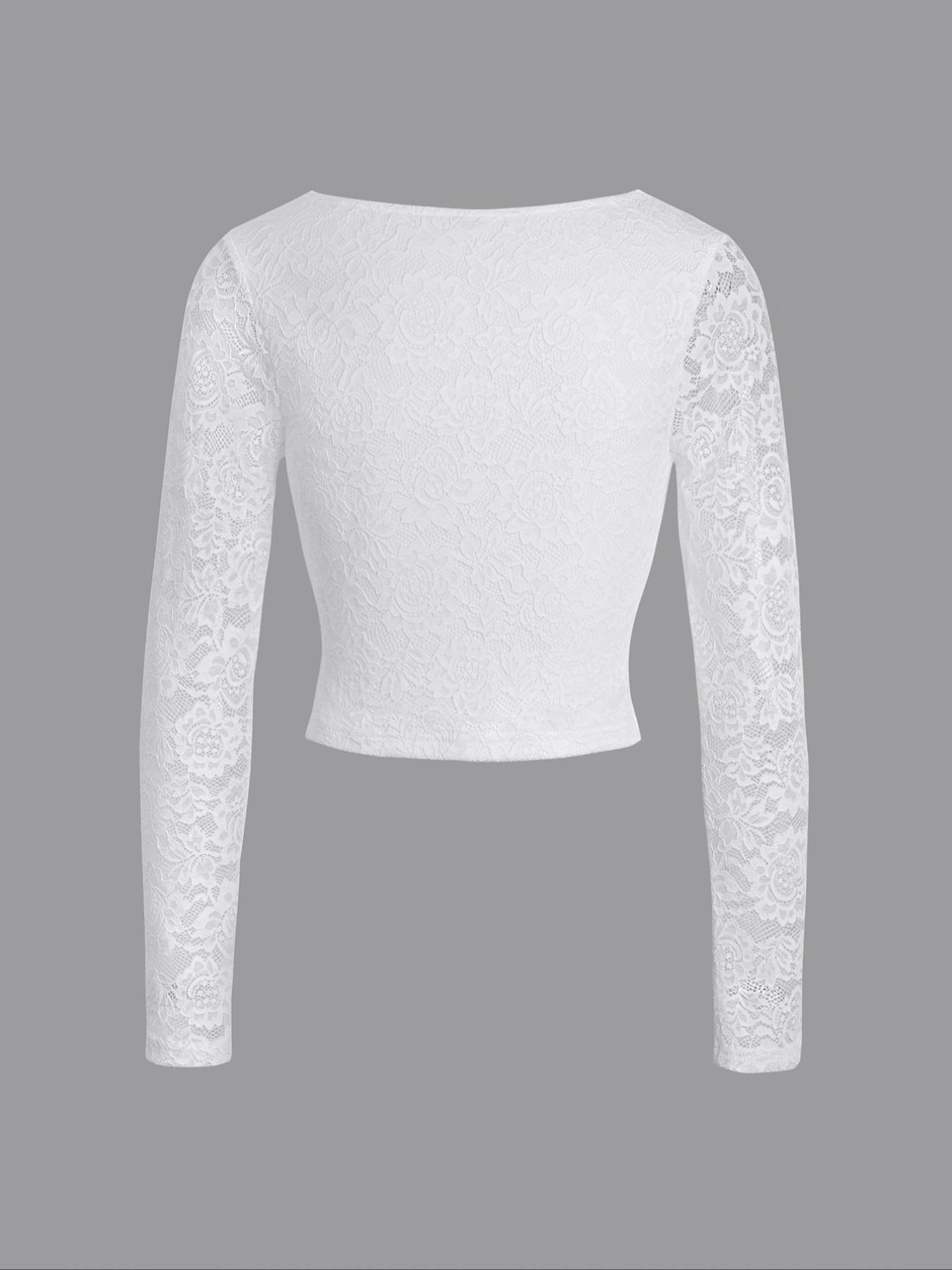 Women's Y2K V-Neck Long Sleeve Top, Contrast Lace Design, Casual Fitted Plain Shirt, Spring & Fall Fashion, S-Type Silhouette, Womenswear