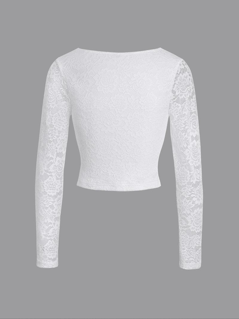 Women's Y2K V-Neck Long Sleeve Top, Contrast Lace Design, Casual Fitted Plain Shirt, Spring & Fall Fashion, S-Type Silhouette