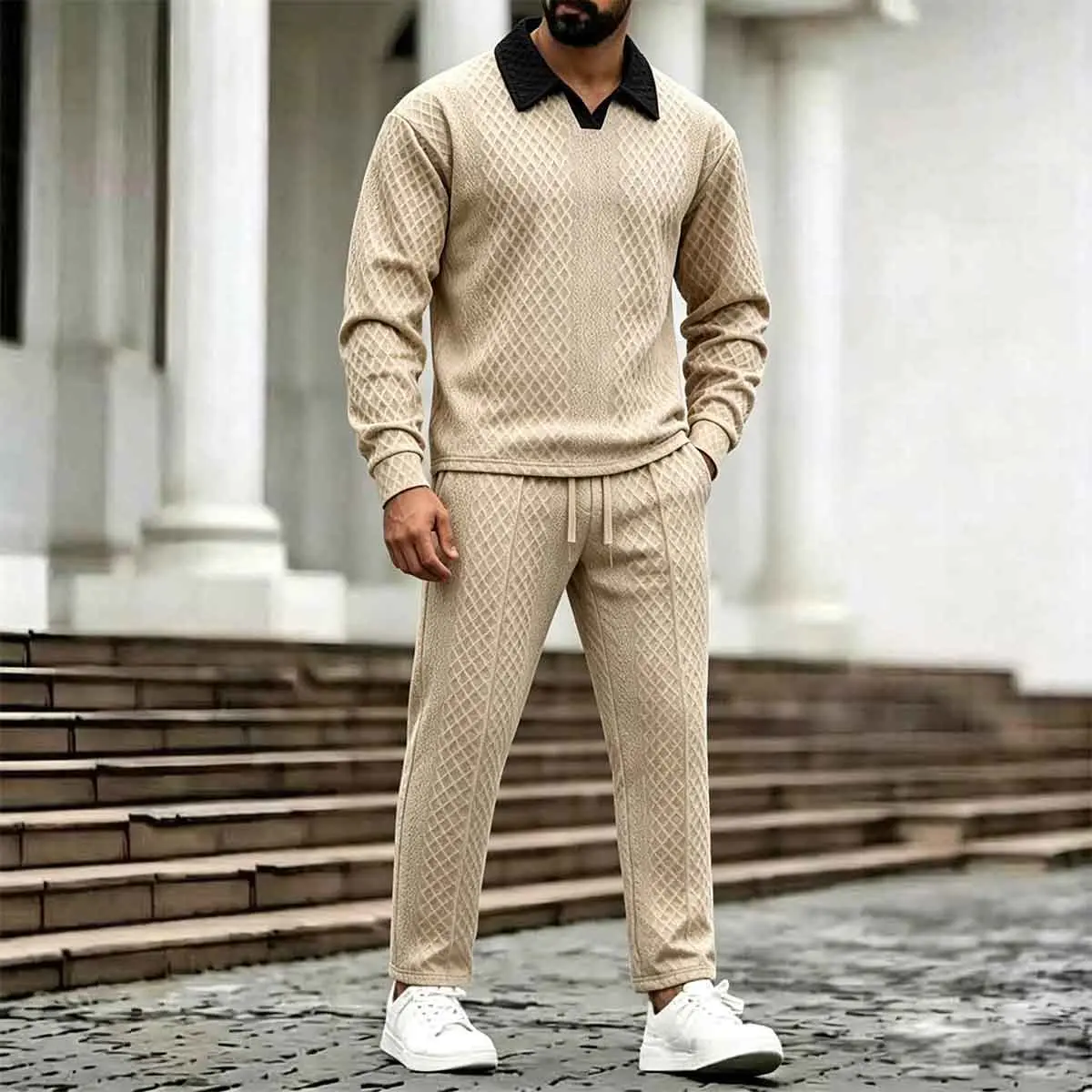 Men's 2-Piece Diamond Textured Contrast Collar Polo Tracksuit Set - Plain Polyester Blend V-Neck Long Sleeve Pullover, Drawstring Waist Cropped Straight Leg Pants for Casual Street Daily Outfits, V Neck Pullover