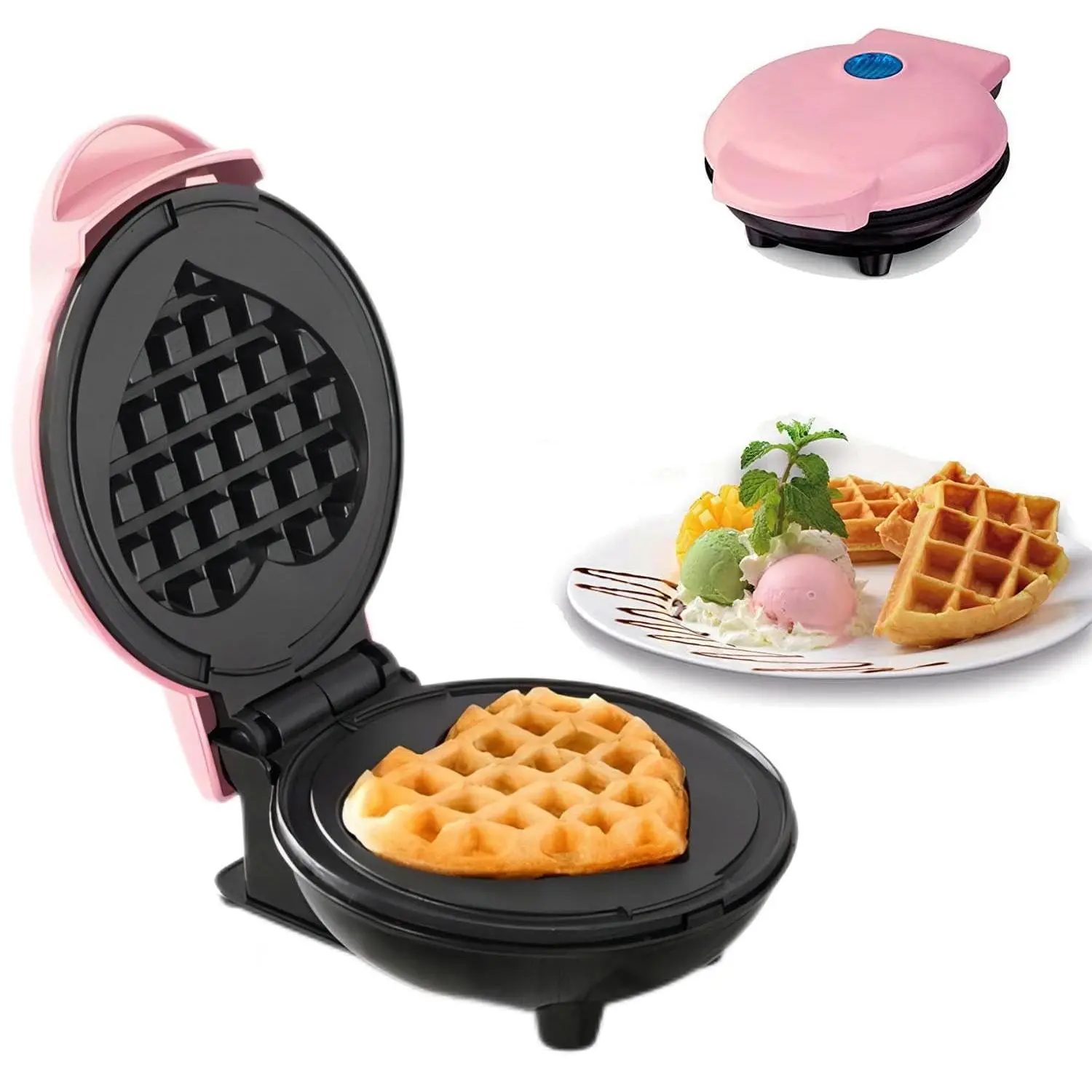 Mini Maker Waffle Maker 4“ Non-Stick Waffler Iron Stuffler Stuffed Wafflera Adjustable Browning Control, Heart, Pink