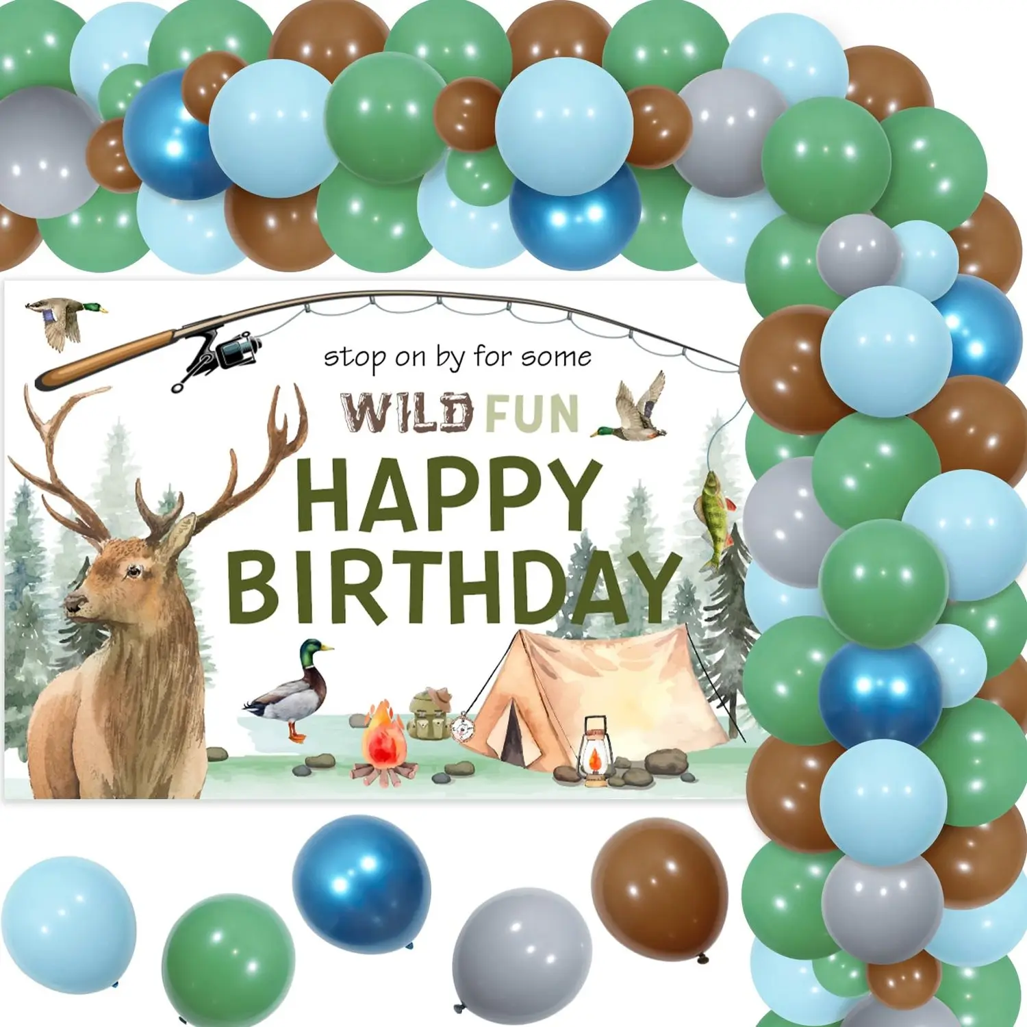 1Set Boy's Hunting Fishing Themed Birthday Party Decorations Kit, Green-Blue-Brown Balloon Arch Garland with Wild Deer-Fish Outdoor Adventure Camping Backdrop