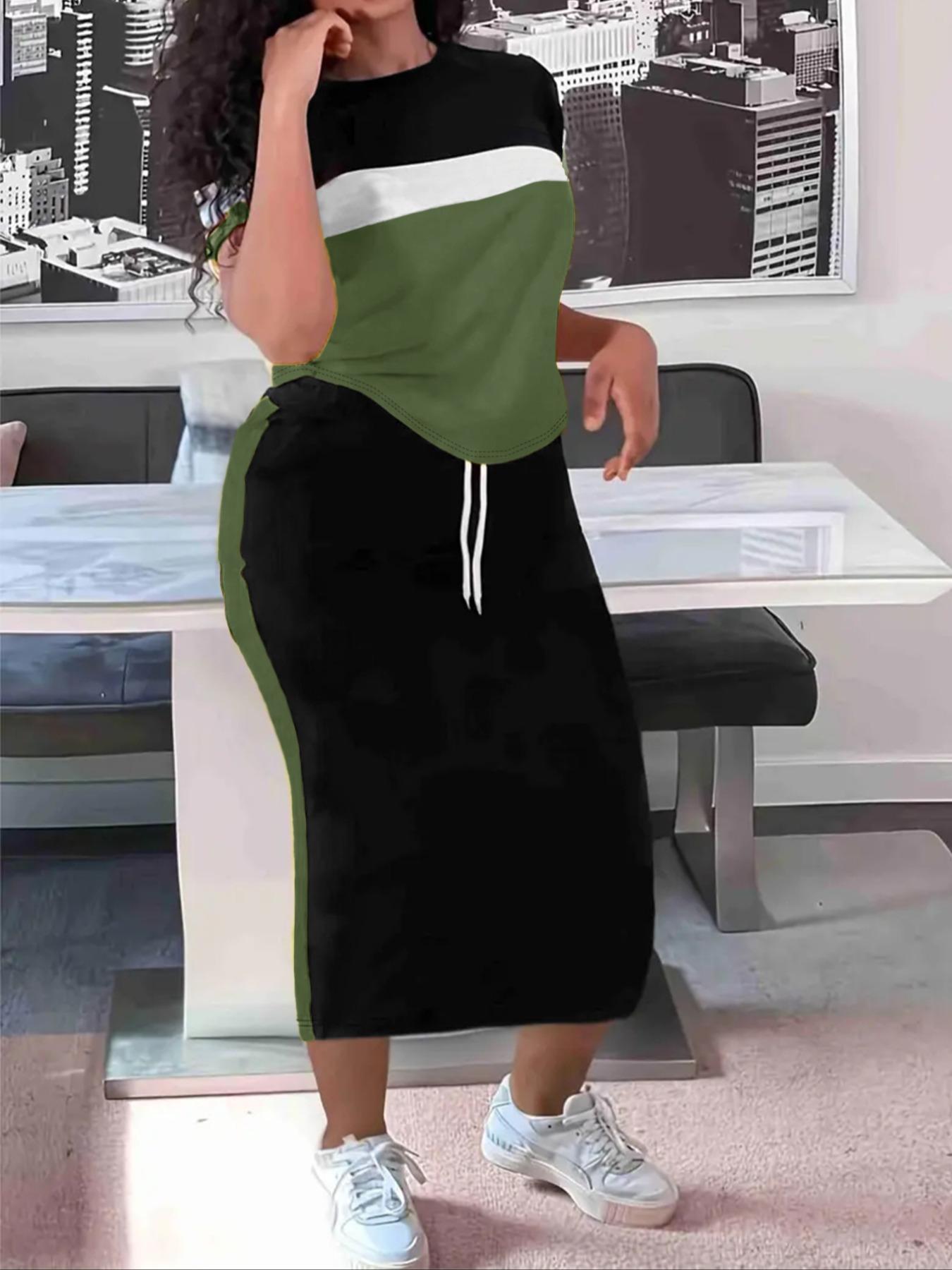 Women's Colorblock Print Two-piece Set, Casual Fashion Cozy Round Neck Tee & Skirt for Daily Outdoor Wear, Women Clothing for Spring Fall, Casual Matching Set