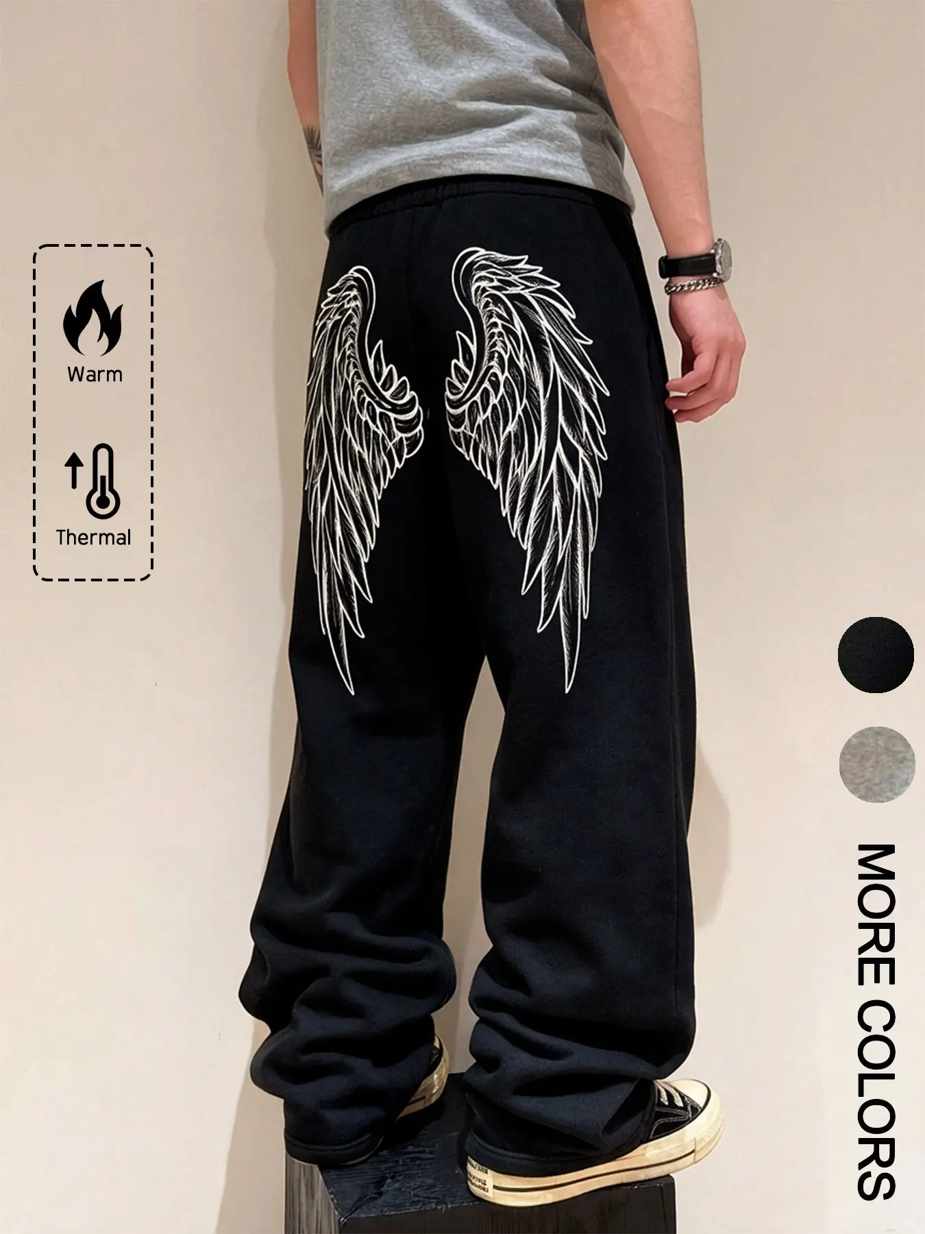Men's Angel Wings Print Sweatpants, Loose Wide Leg Fleece Lined, Y2K Streetwear Casual Pants, Comfortable and Stylish