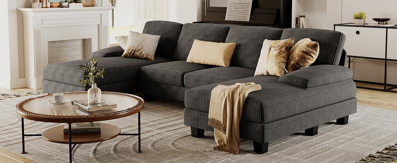 U-Shaped Sectional Sofa with Double Chaise, 4-Seat Couch with Corduroy Upholstery for Living Room or Apartment – Dark Grey