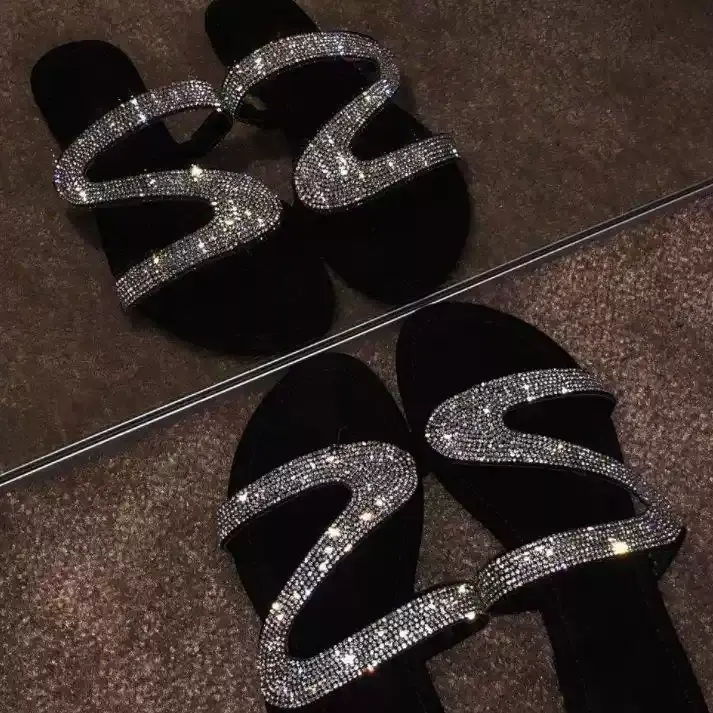 Women's Rhinestone Wave Strap Slide Sandals, Open Toe Slip On Flat Mule Sandals, Summer Party Sparkly Dress Shoes