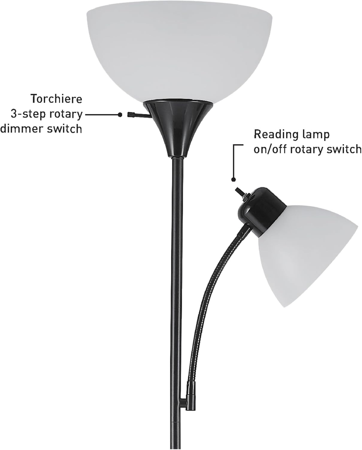 72" Torchiere Floor Lamp with Adjustable Reading Light, Matte Black Finish, Frosted Shade, Dual Rotary Switch, 3-Step Dimmable Modern Standing Lamp for Living Room or Office