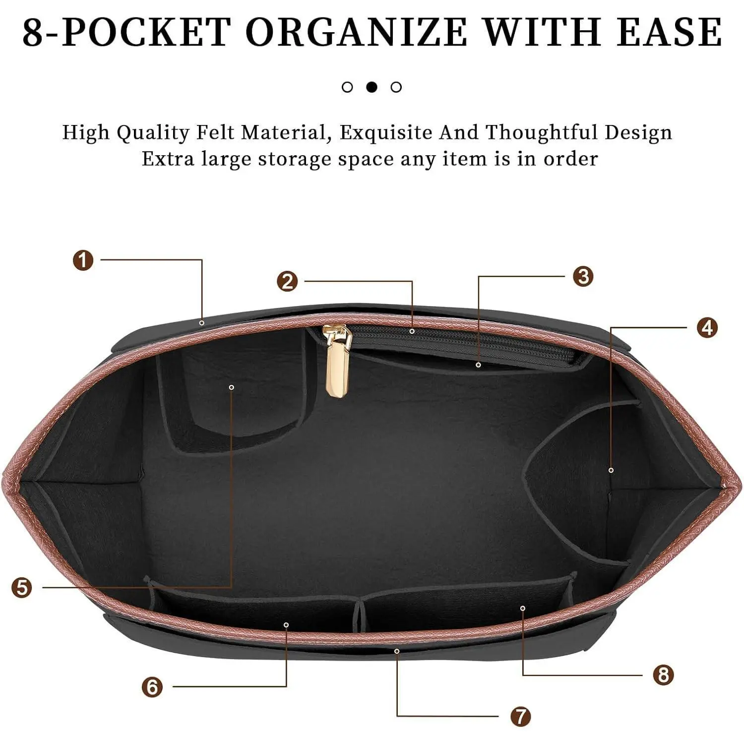 Leather-Edged Felt Insert Handbag Organizer for Longchamp Le Pliage Tote - Purse Storage with Cup Holder, Travel Organization Pouch (Black, Large)