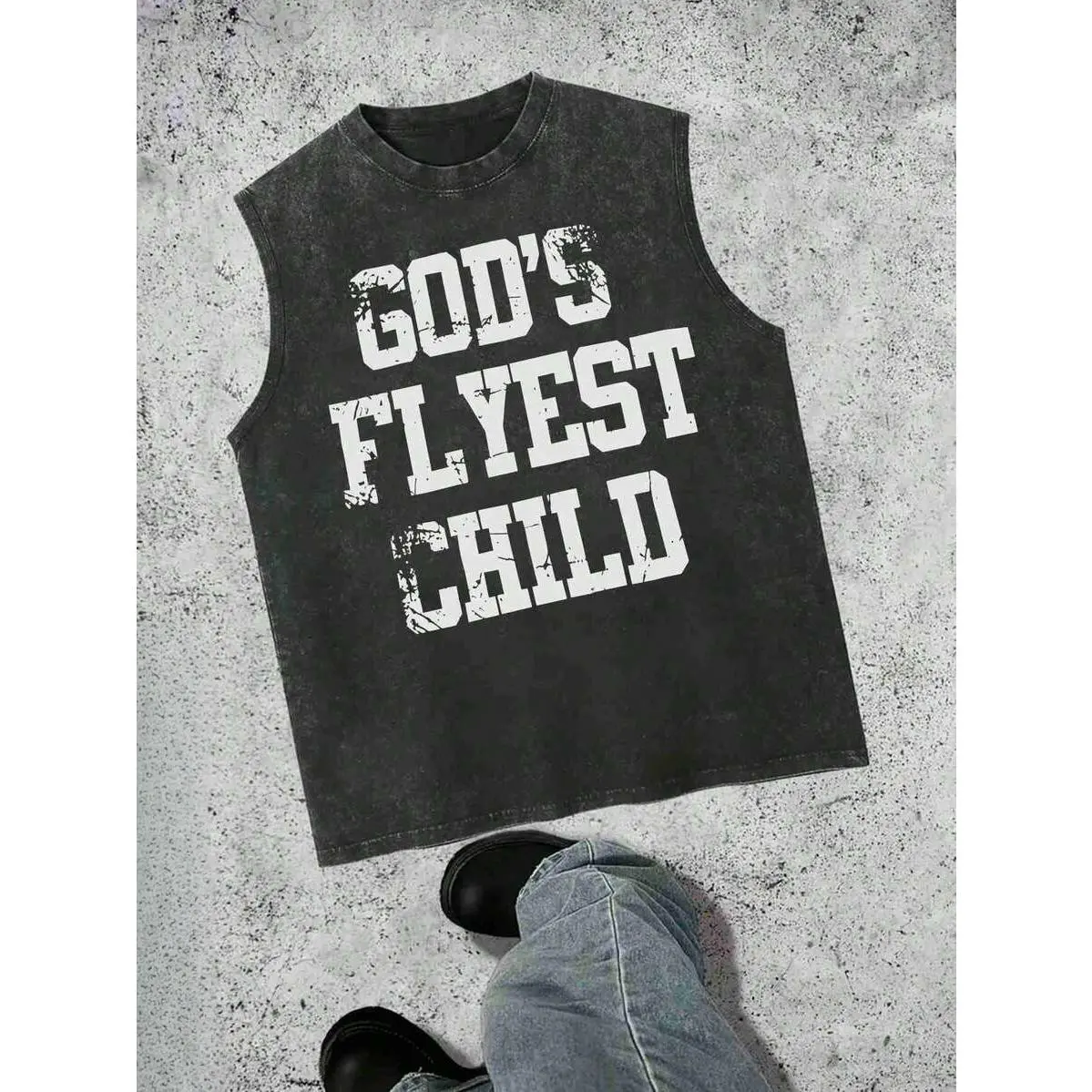 Wash Casual Tank, Giant Crack Bold GOD'S FLYEST CHILD White Text Full Front Print Raw Crew Neck Top, Loose Fit Casual Outdoor Skate Church Beach Street Unisex Tank For Men Women