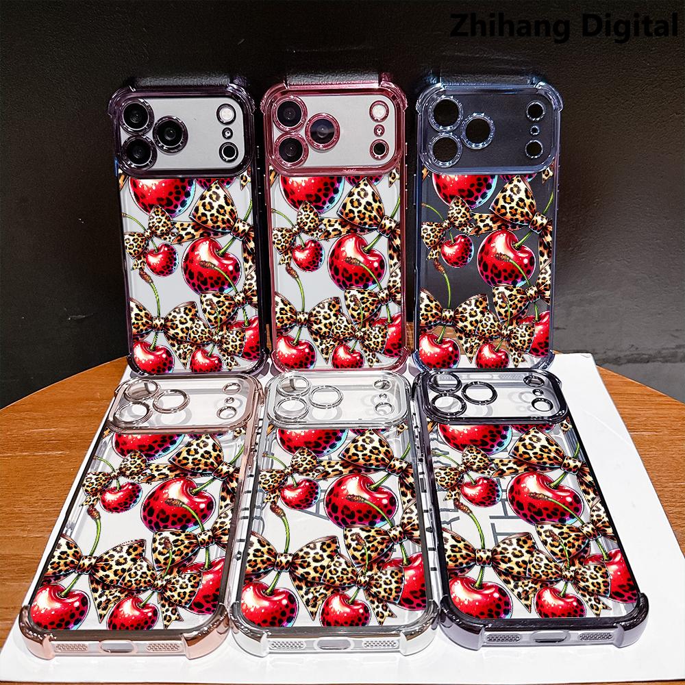 Cherry leopard print bow pattern four-corner shockproof transparent electroplated protective phone case for iPhone 17 Pro Max Air 16 Plus 15 14 13 12 11 Simple and stylish Durable Drop Protection Shockproof smartphone Cover