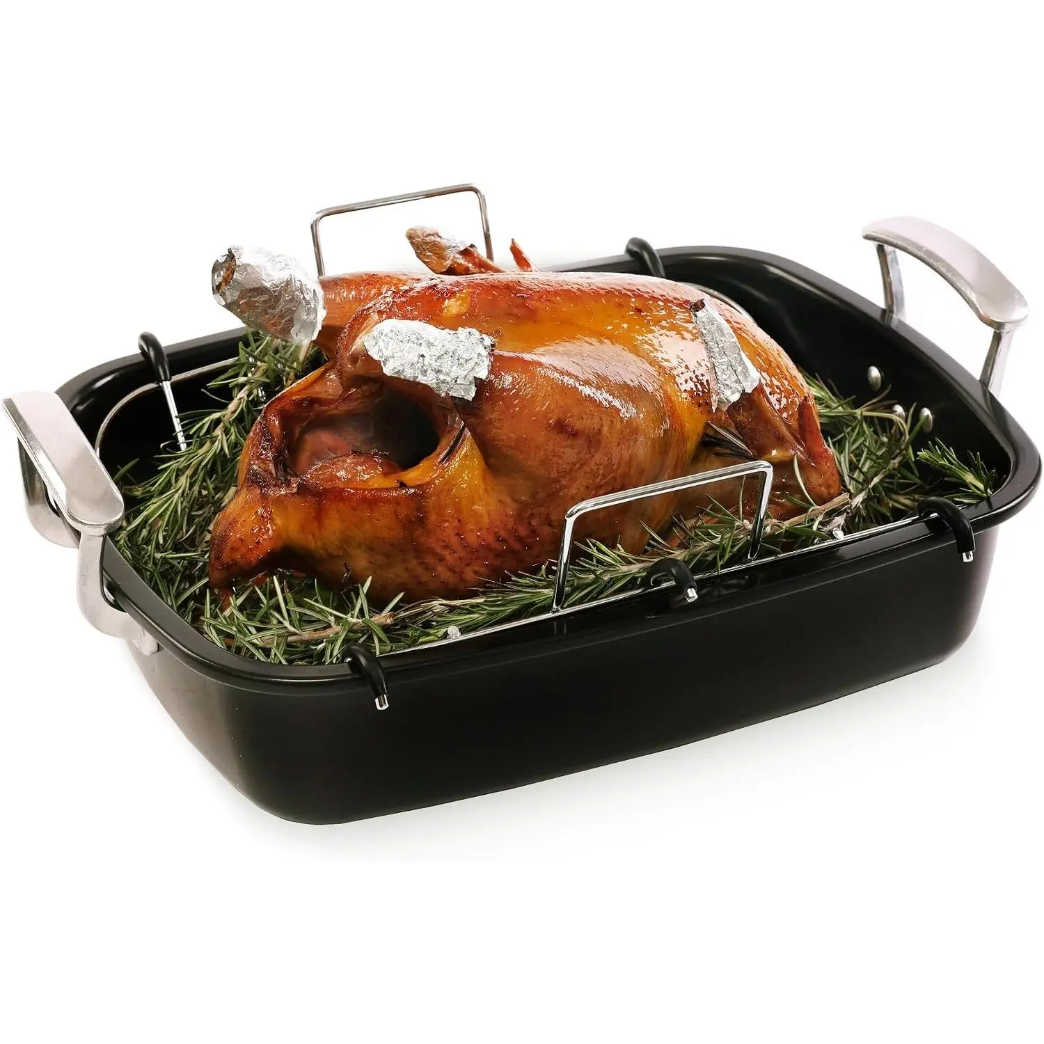 Uukrave Extra Large 18.5 x 14.6 Inch Nonstick Turkey Roasting Pan with U-Shaped Rack, Fits 25 lb Turkey & Chicken, Deep Oven Tray with Wide Handles, Heavy Duty Nontoxic Steel