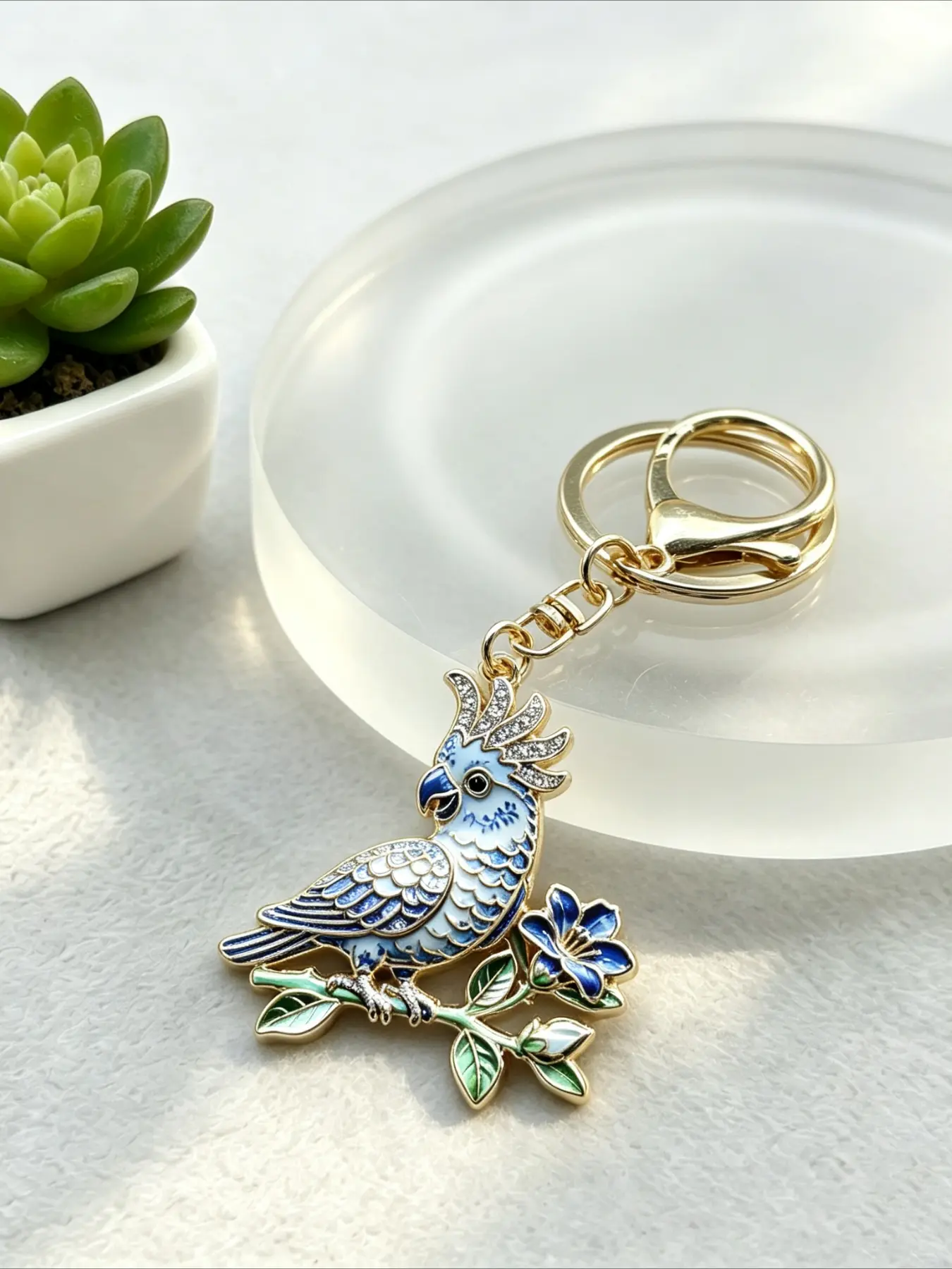 Vintage Blue And White Porcelain Parrot Keychain, Cockatoo Bird Flower Branch Pendant Key Ring Bag Charms for Car Backpack Accessories, Gift for Friends Bird Lovers