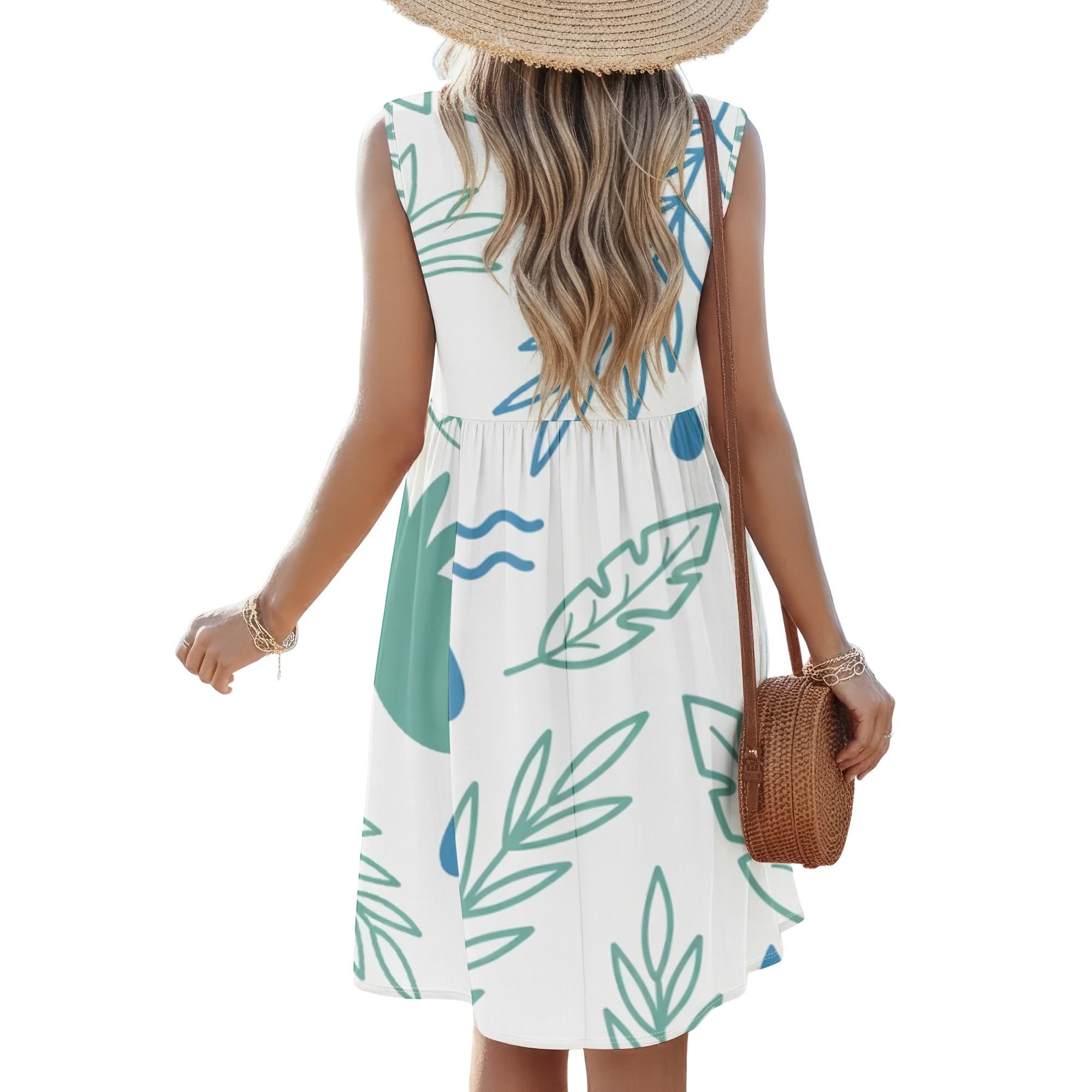 Women's Tropical Leaf Print Sleeveless V-Neck Dress Casual Summer Midi Dress